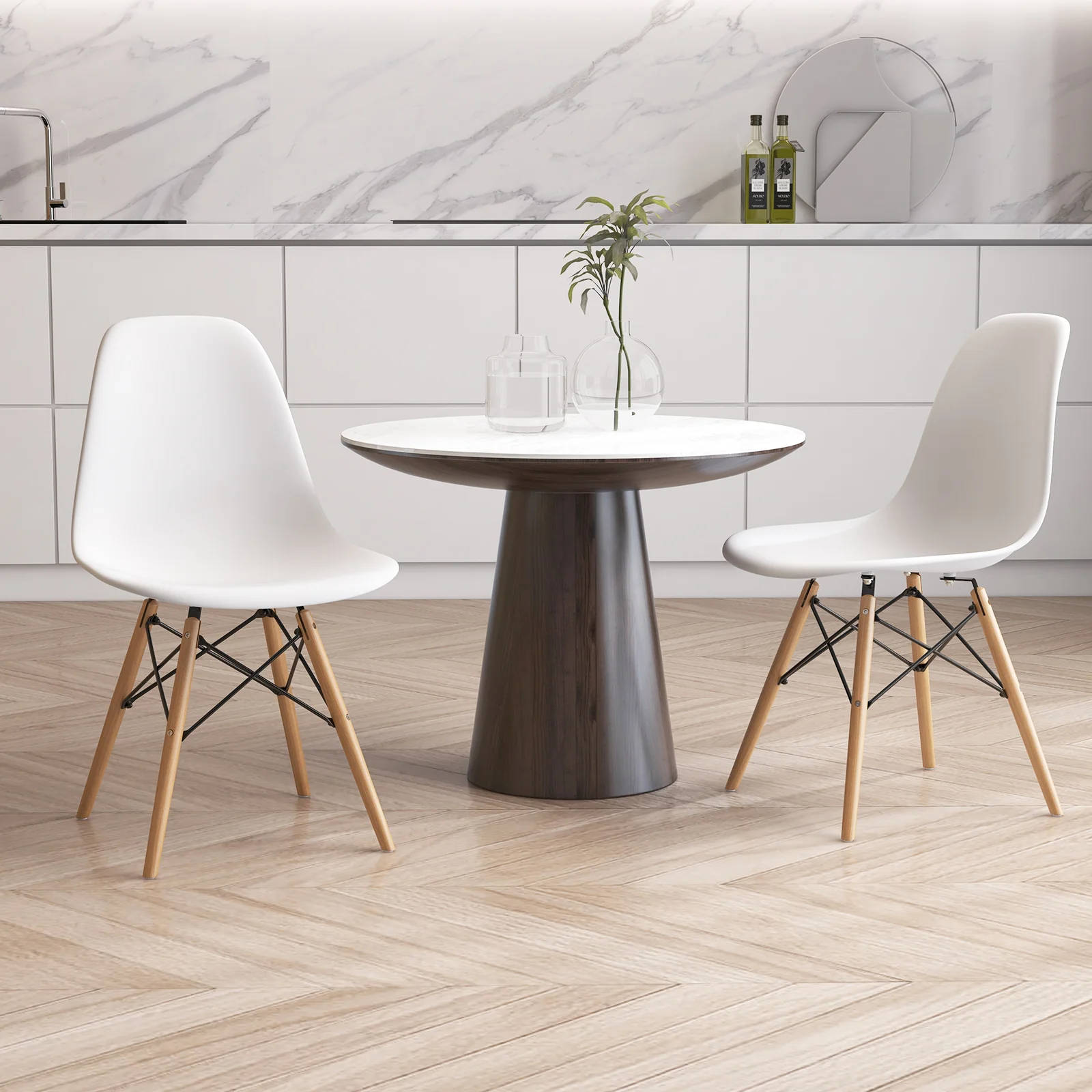 Set Of 4 Modern Dining Side Chairs, Wood Legs, White - Image 6