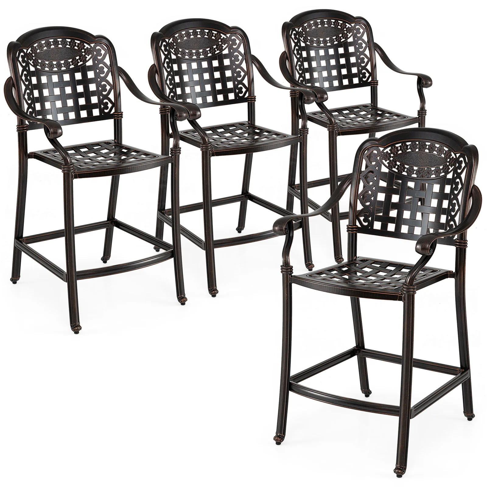 Set of 4 Outdoor Bar Stool 25.5 Inch Counter Height Cast Aluminum Bar Chairs, Copper