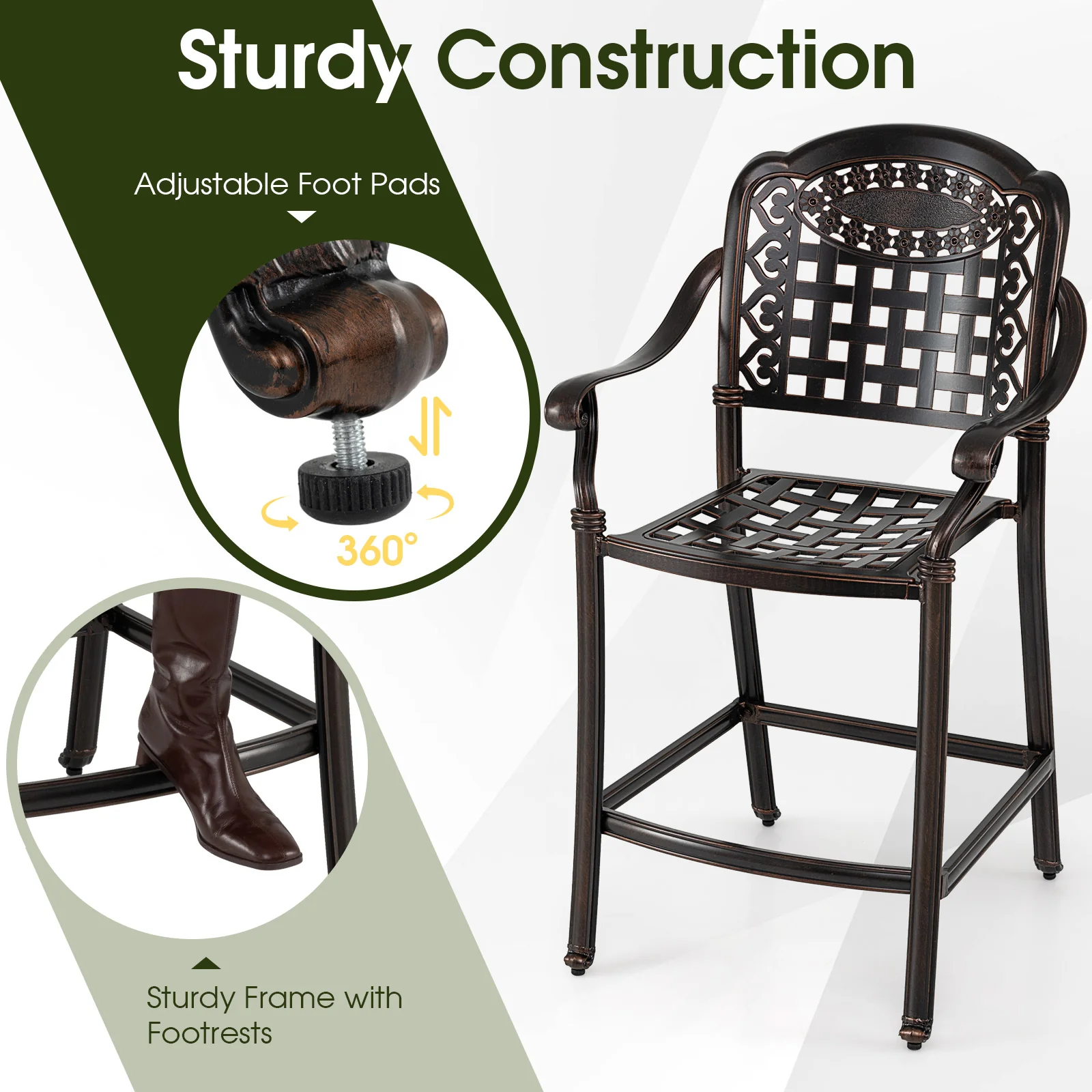 Set of 4 Outdoor Bar Stool 25.5 Inch Counter Height Cast Aluminum Bar Chairs, Copper - Image 10