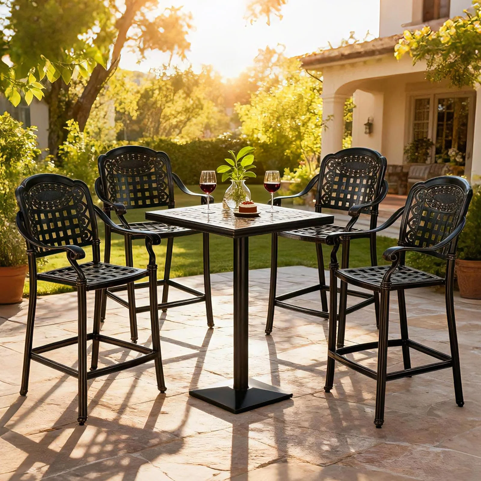 Set of 4 Outdoor Bar Stool 25.5 Inch Counter Height Cast Aluminum Bar Chairs, Copper - Image 2