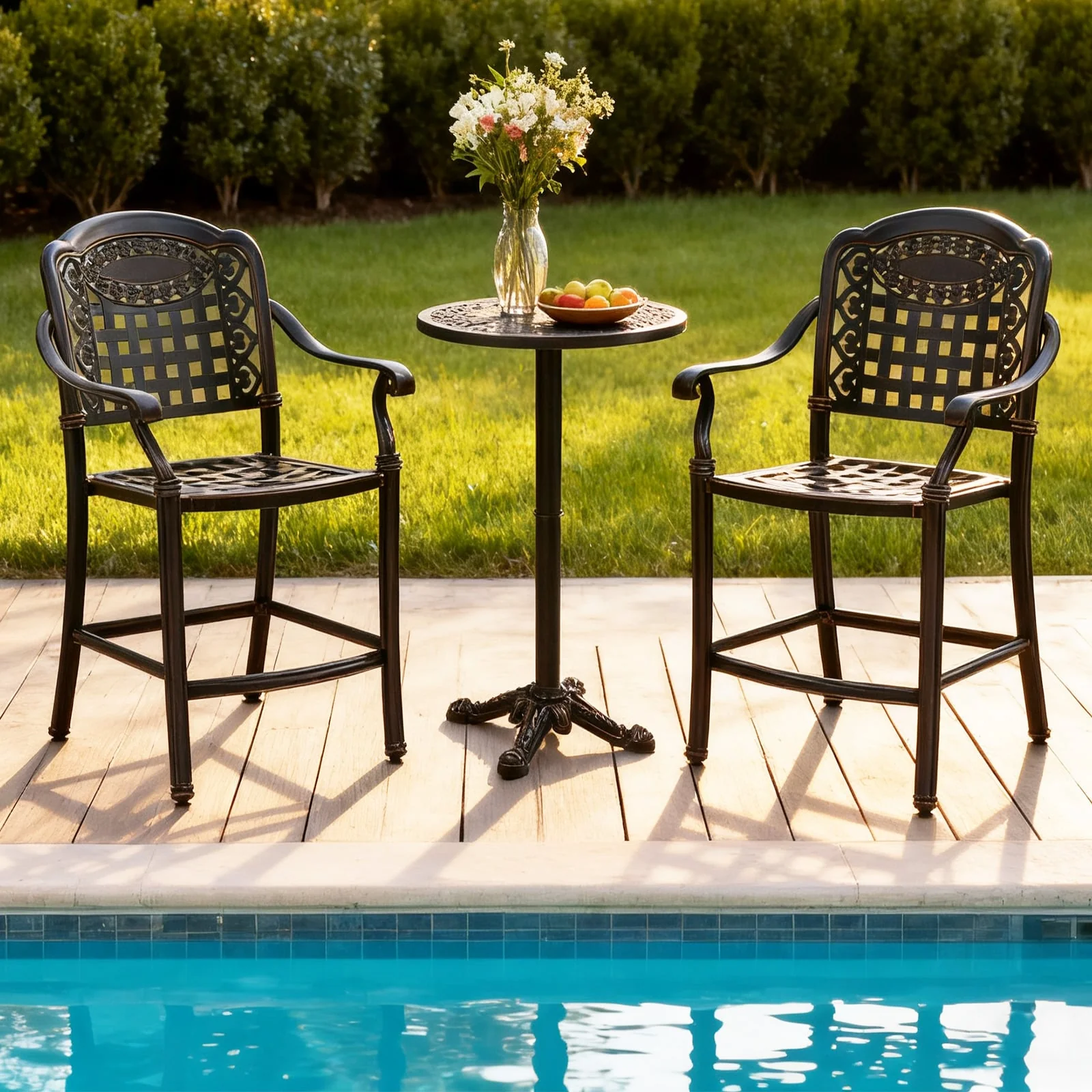 Set of 4 Outdoor Bar Stool 25.5 Inch Counter Height Cast Aluminum Bar Chairs, Copper - Image 6