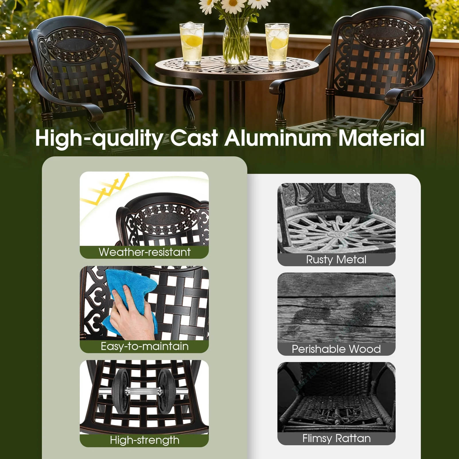 Set of 4 Outdoor Bar Stool 25.5 Inch Counter Height Cast Aluminum Bar Chairs, Copper - Image 8
