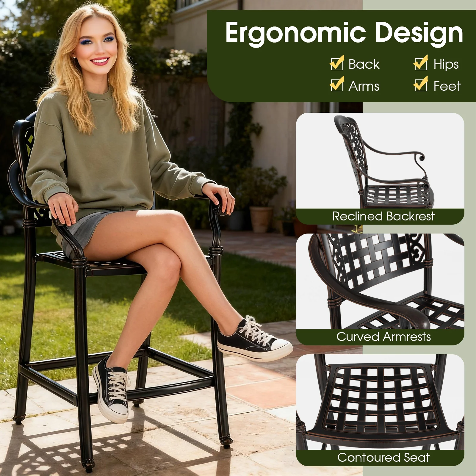 Set of 4 Outdoor Bar Stool 25.5 Inch Counter Height Cast Aluminum Bar Chairs, Copper - Image 9