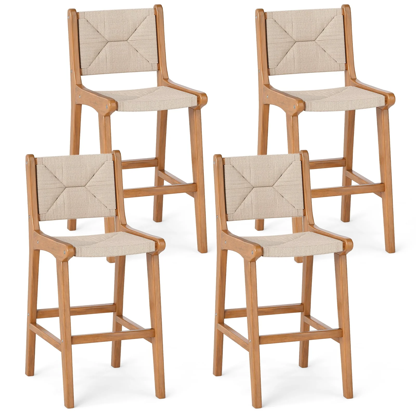 Set of 4 Outdoor Counter Height Bar Stool Woven Paper Rope Patio Barstool with Teak Wood Frame - Image 2