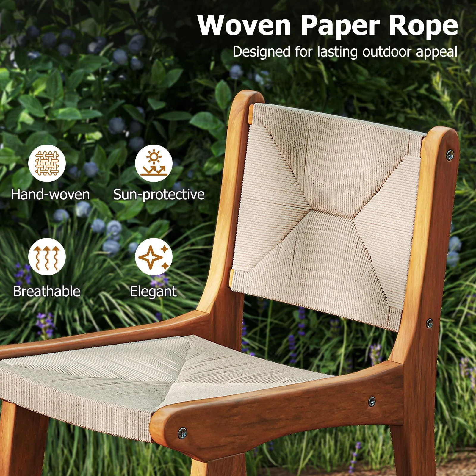 Set of 4 Outdoor Counter Height Bar Stool Woven Paper Rope Patio Barstool with Teak Wood Frame - Image 4