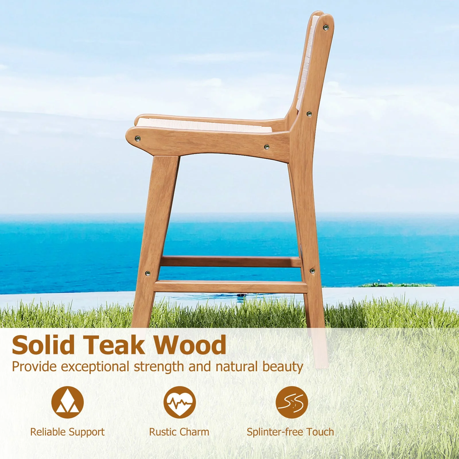Set of 4 Outdoor Counter Height Bar Stool Woven Paper Rope Patio Barstool with Teak Wood Frame - Image 5