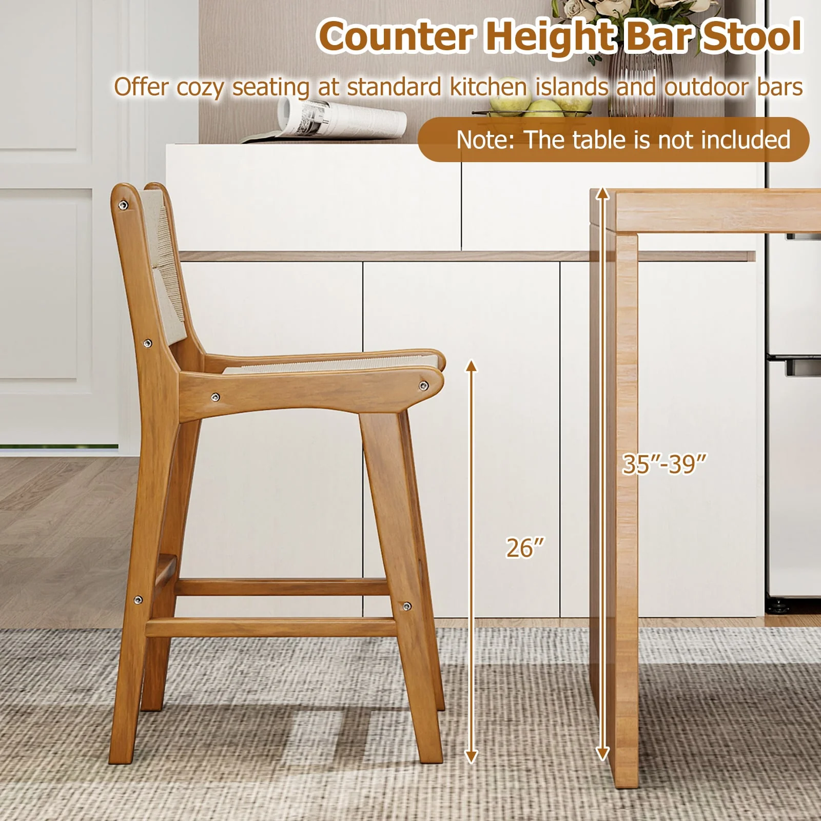 Set of 4 Outdoor Counter Height Bar Stool Woven Paper Rope Patio Barstool with Teak Wood Frame - Image 6