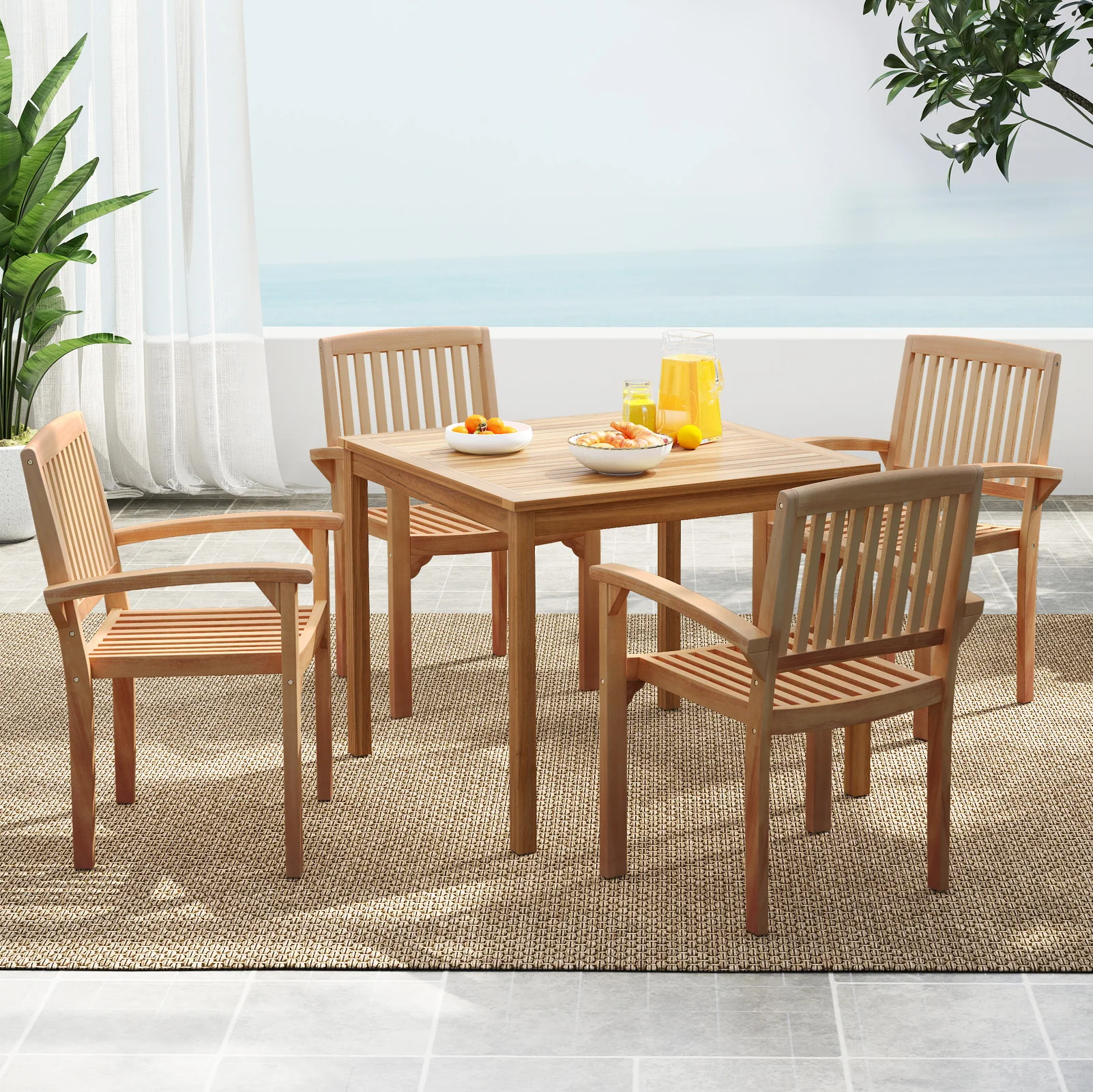 Set of 4 Outdoor Patio Chairs, Slatted Curved Seat, Natural - Image 2