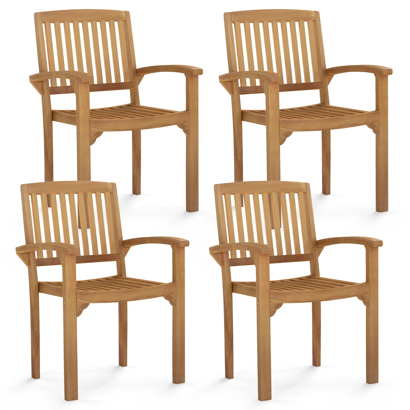 Set of 4 Outdoor Patio Chairs, Slatted Curved Seat, Natural - Image 4