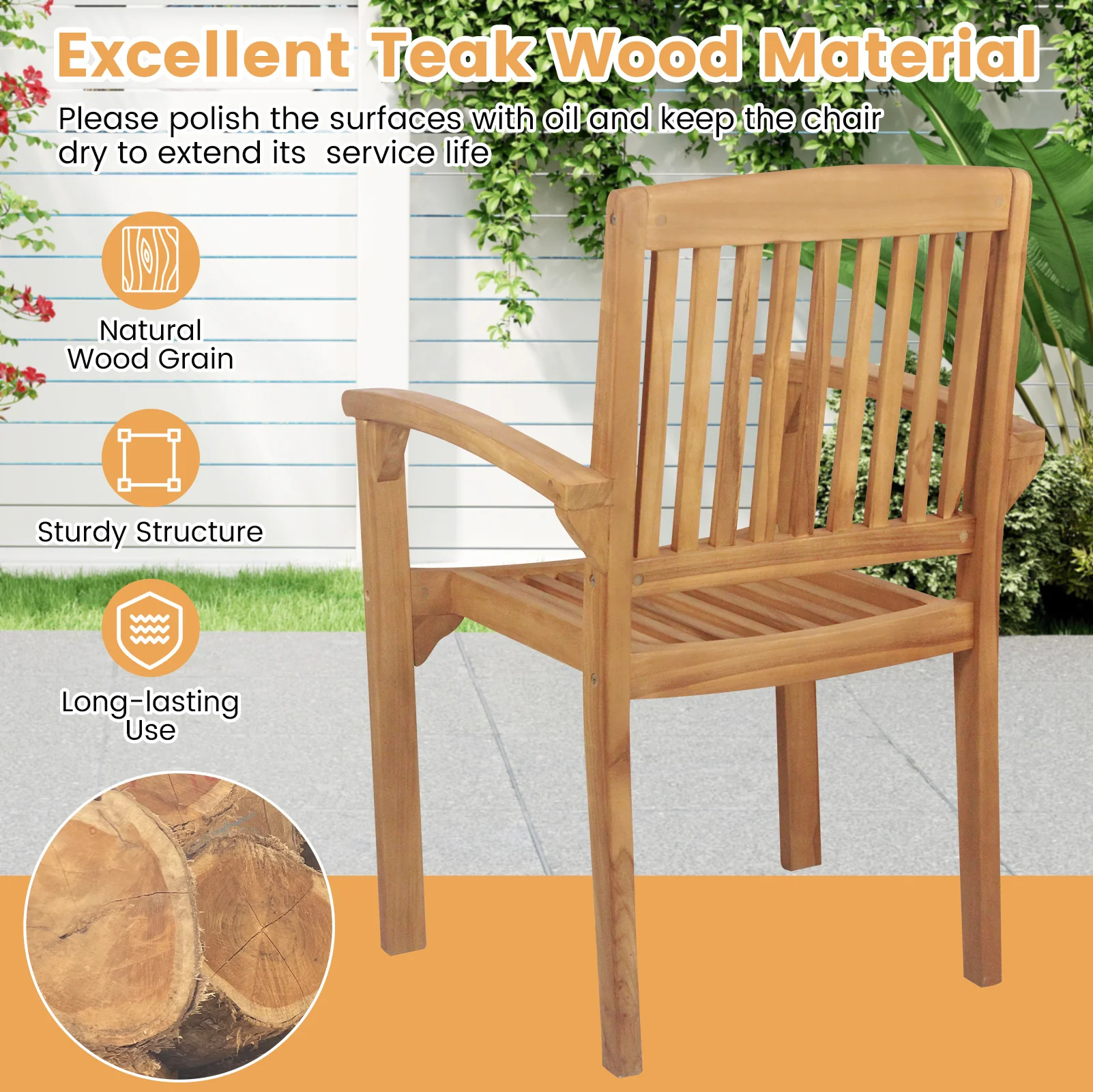 Set of 4 Outdoor Patio Chairs, Slatted Curved Seat, Natural - Image 6