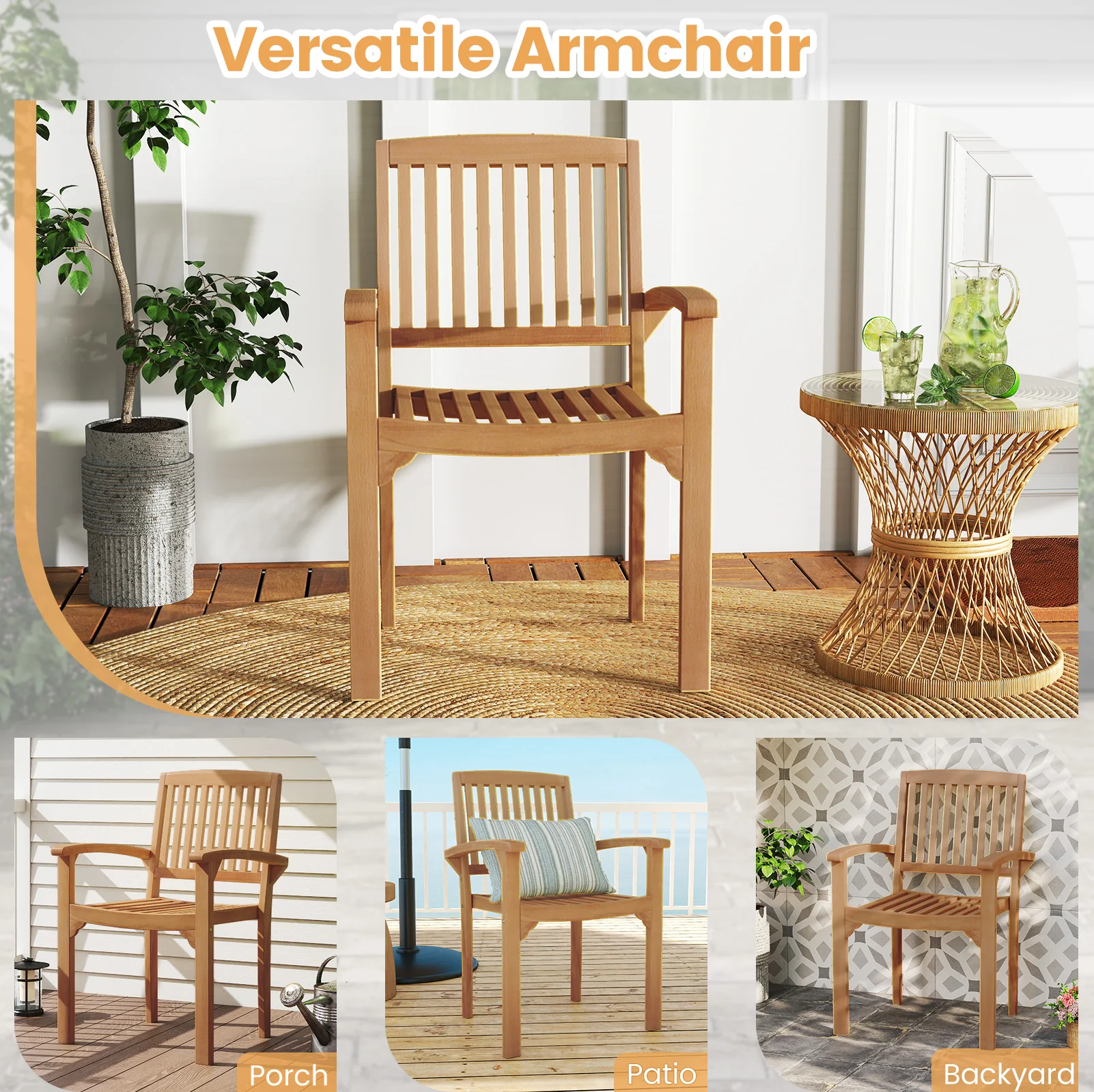 Set of 4 Outdoor Patio Chairs, Slatted Curved Seat, Natural - Image 9