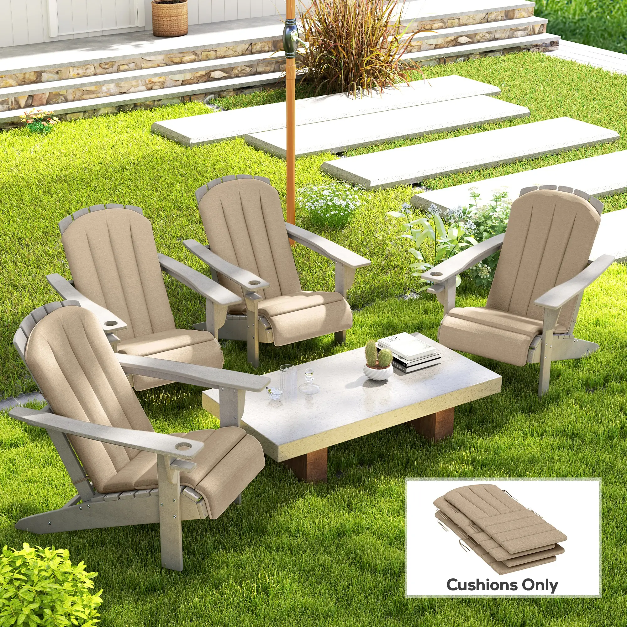 Set Of 4 Patio Chair Cushions, High Back Adirondack, High-Density Foam, Beige - Image 2