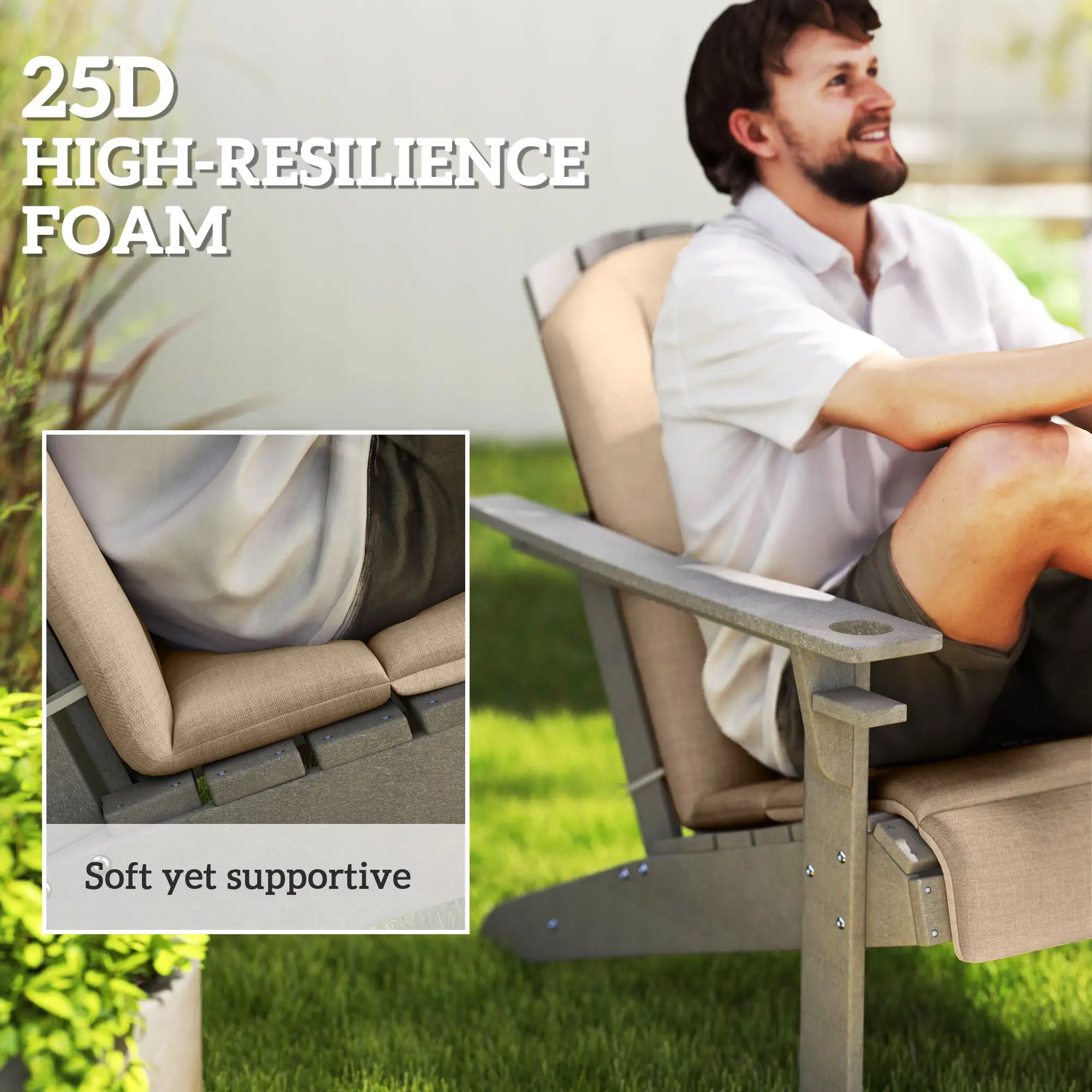 Set Of 4 Patio Chair Cushions, High Back Adirondack, High-Density Foam, Beige - Image 4