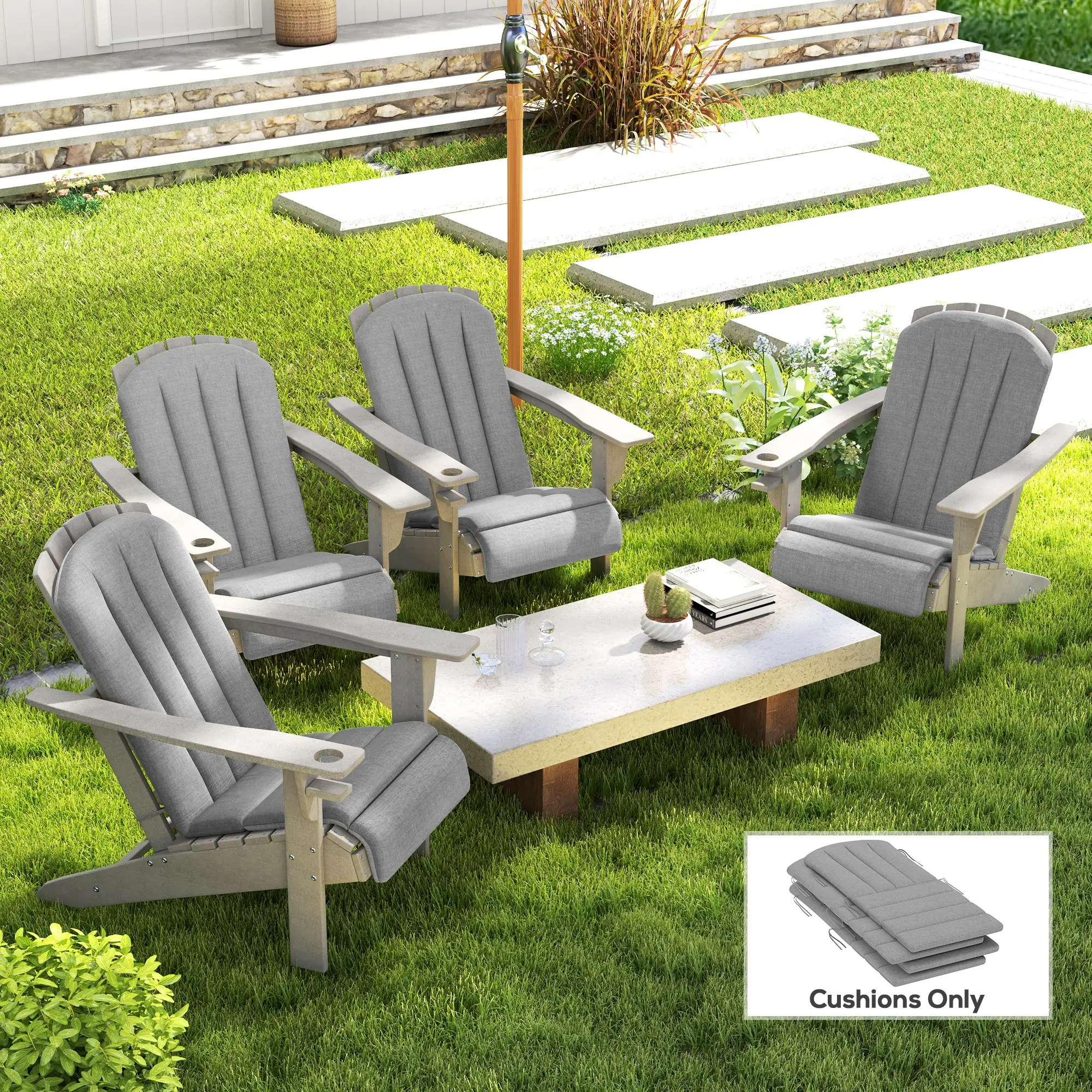 Set Of 4 Patio Chair Cushions, High Back Adirondack, High-Density Foam, Grey - Image 2