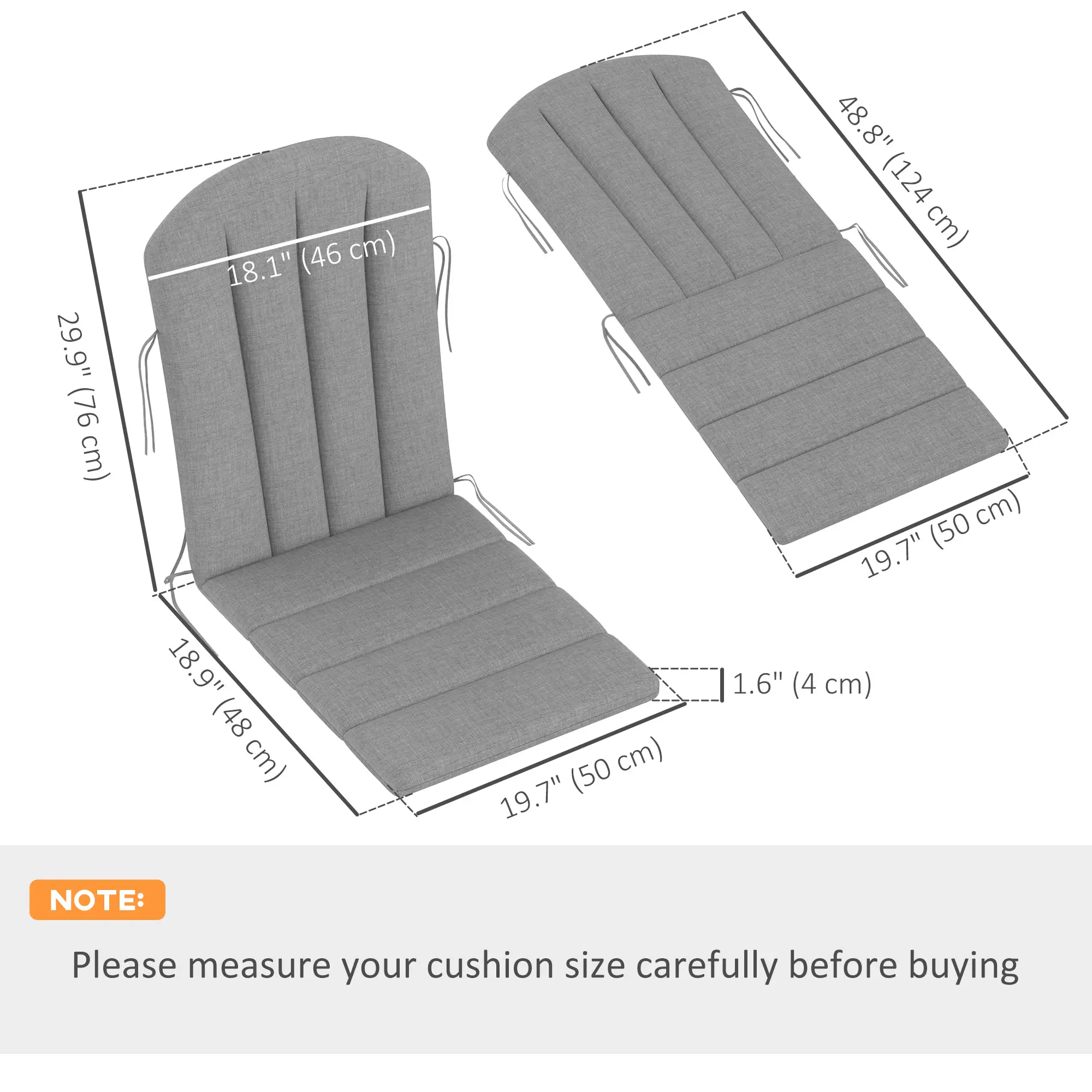 Set Of 4 Patio Chair Cushions, High Back Adirondack, High-Density Foam, Grey - Image 3