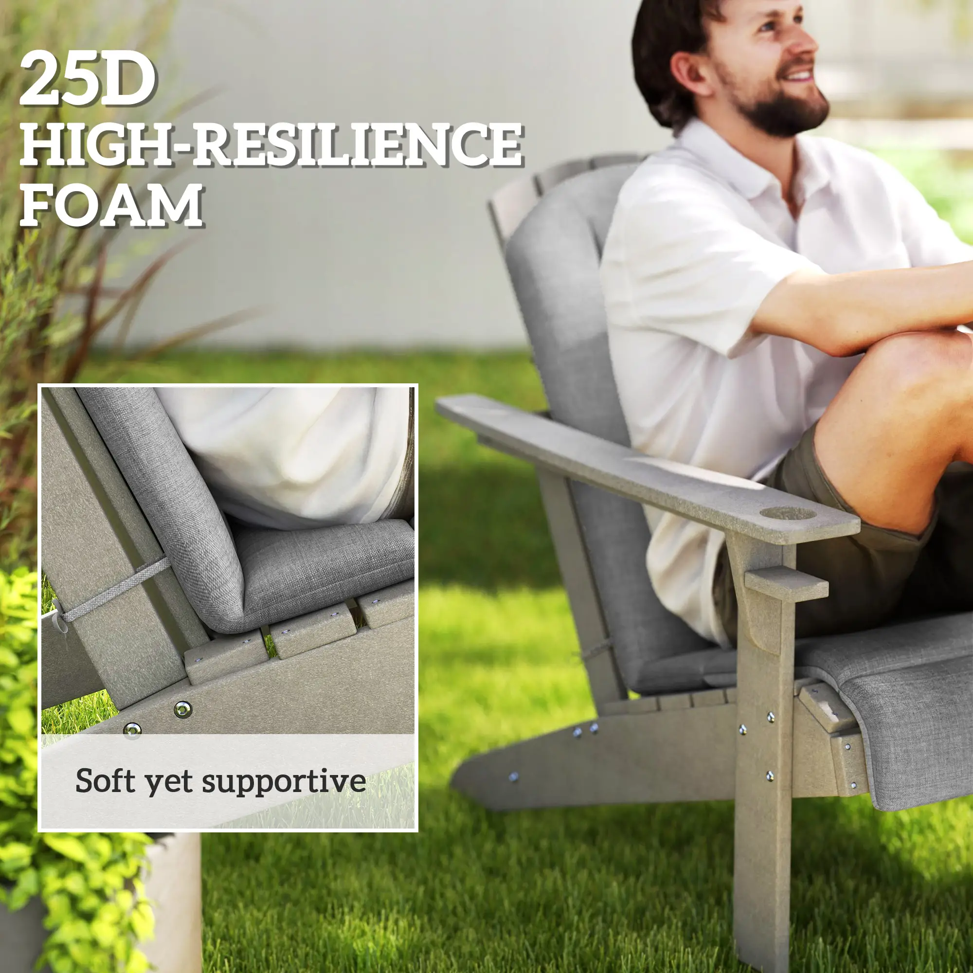 Set Of 4 Patio Chair Cushions, High Back Adirondack, High-Density Foam, Grey - Image 4