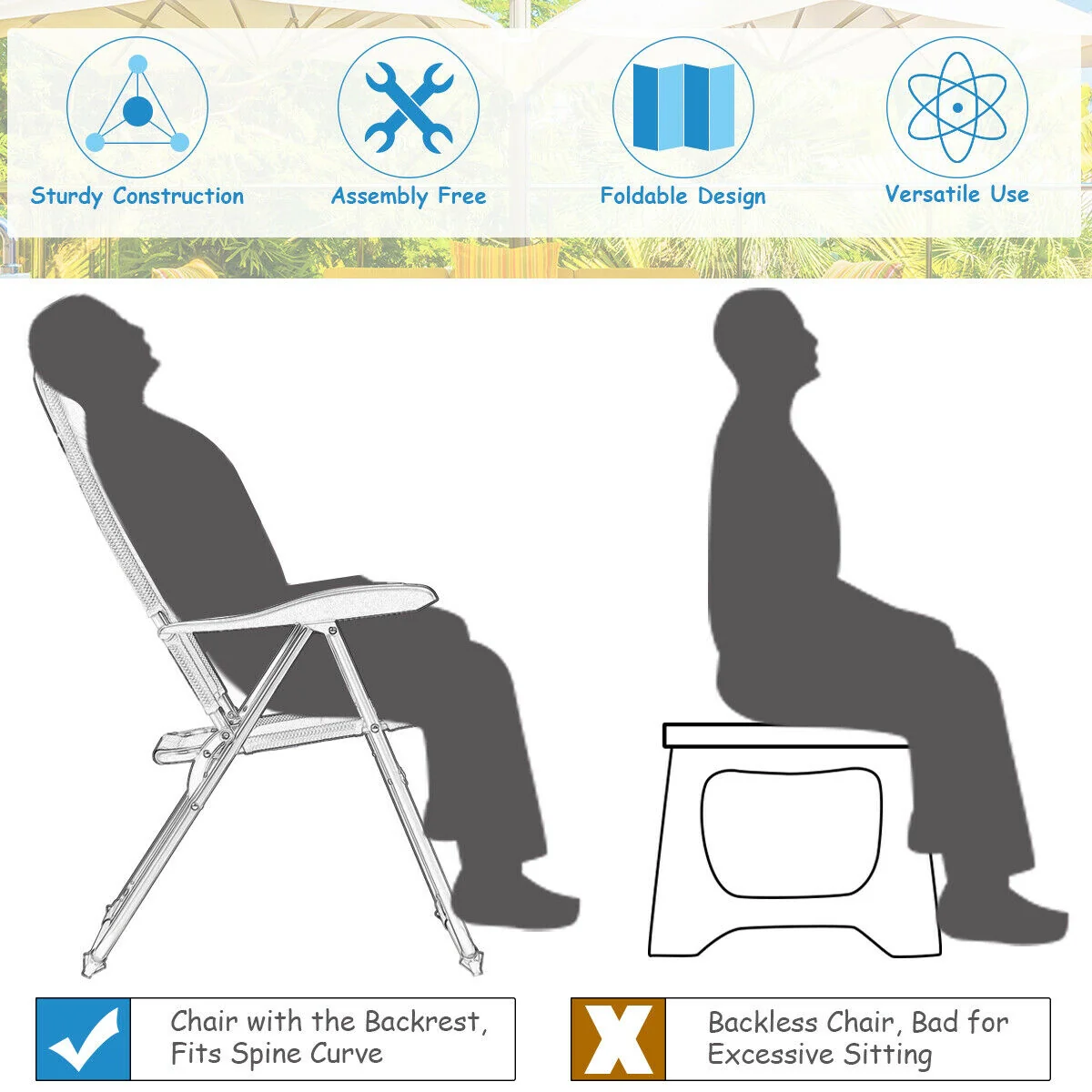 Set of 4 Patio Folding Chairs, Adjustable Backrest, Black - Image 10