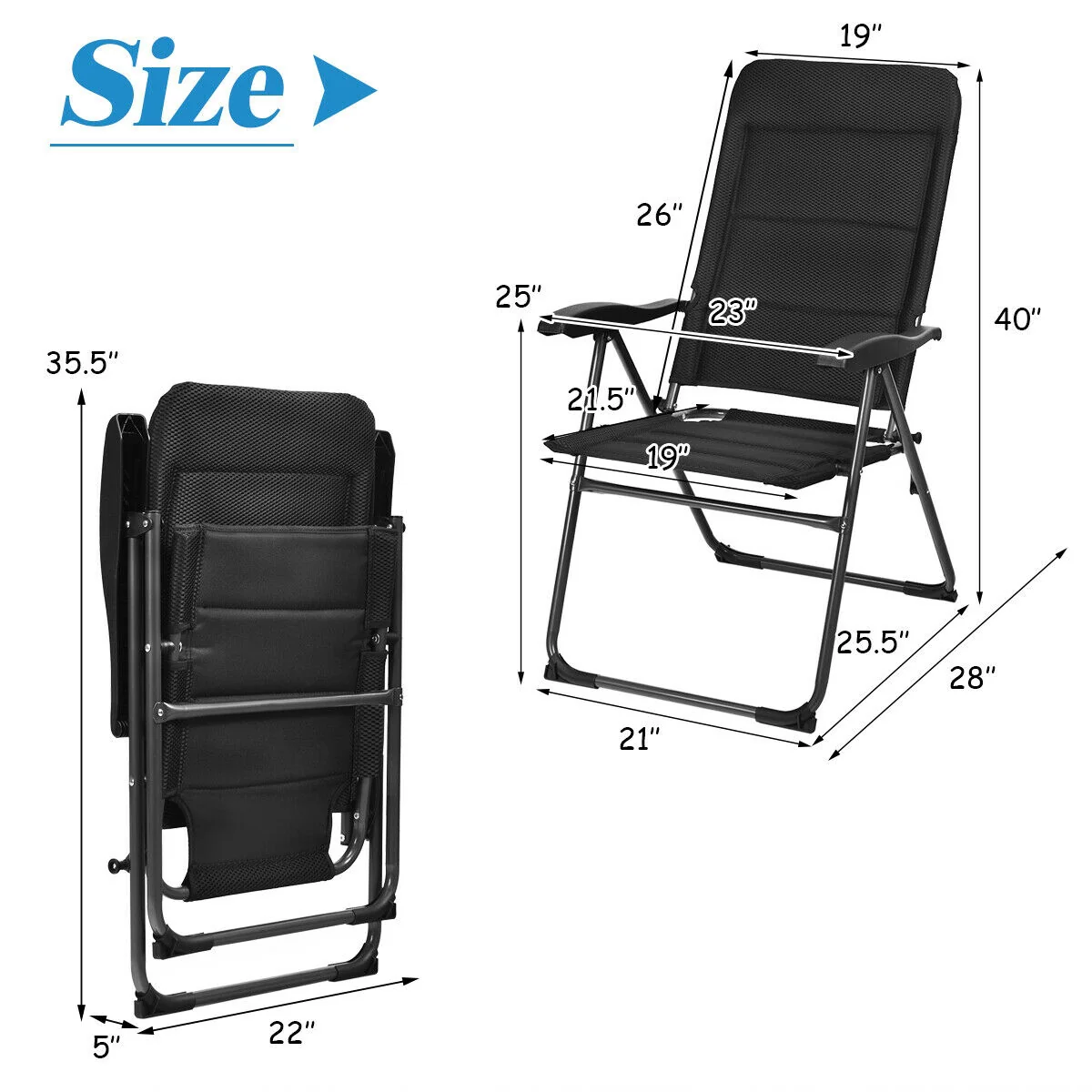 Set of 4 Patio Folding Chairs, Adjustable Backrest, Black - Image 7