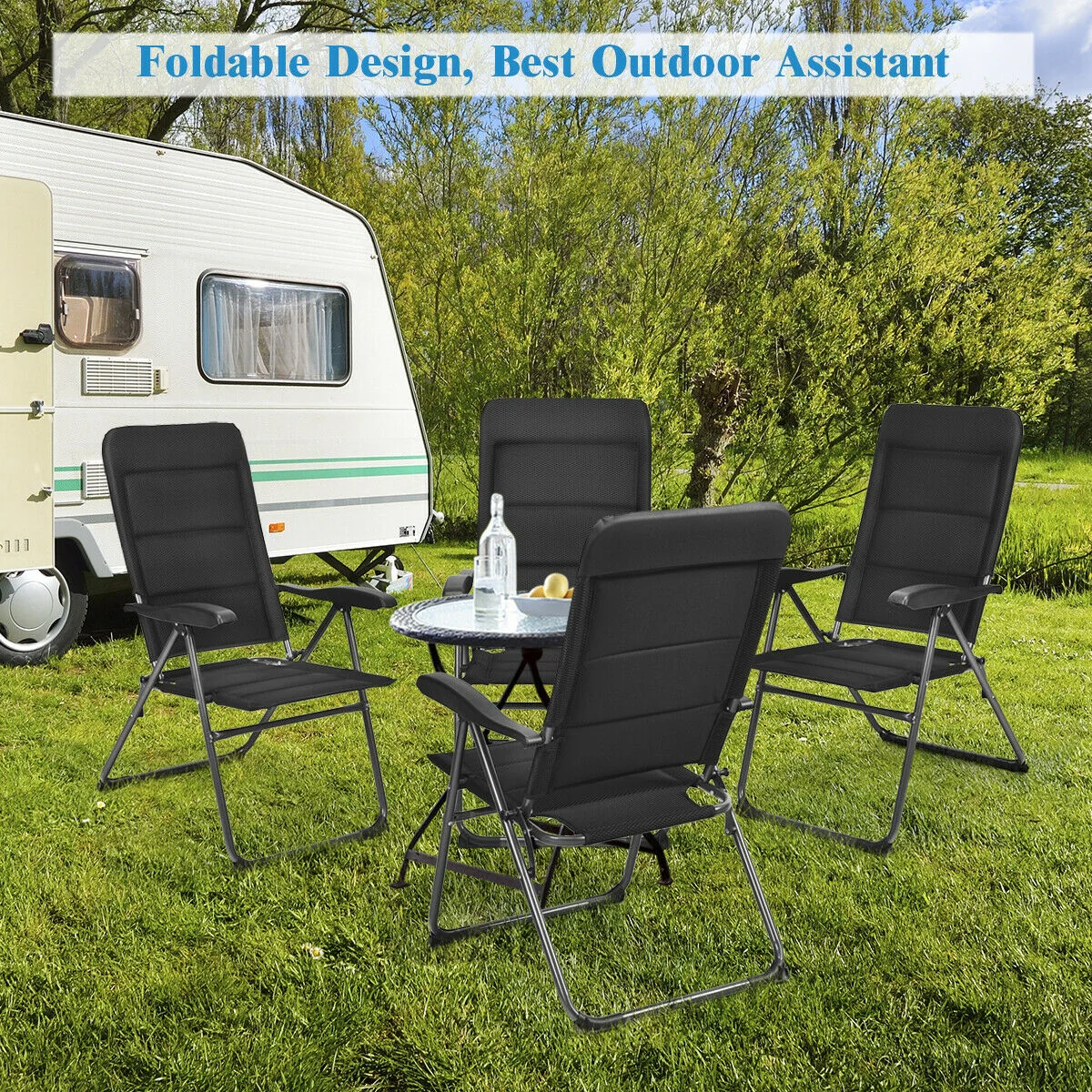 Set of 4 Patio Folding Chairs, Adjustable Backrest, Black - Image 9