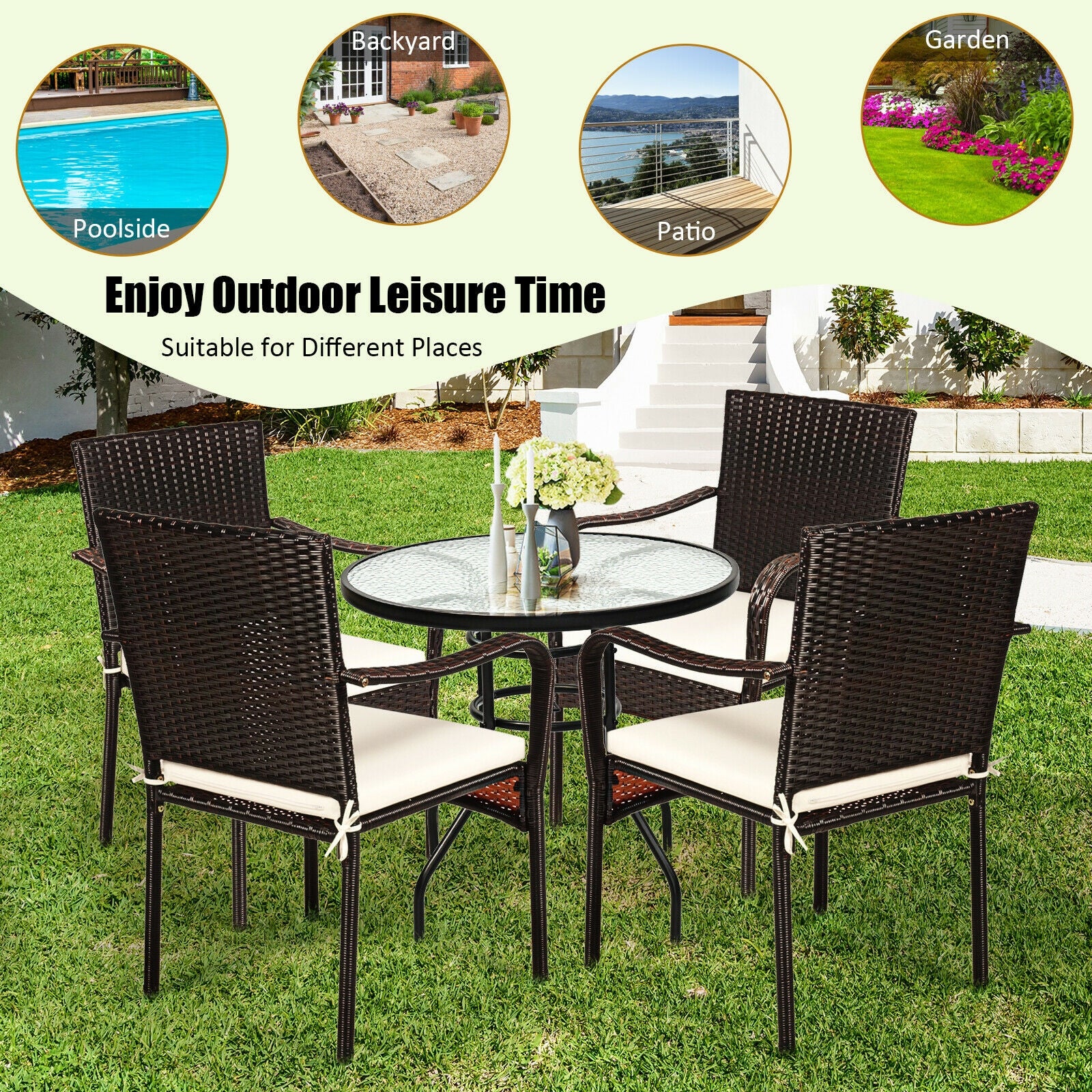Set Of 4 Patio Rattan Stackable Dining Chairs, Light Brown - Image 10