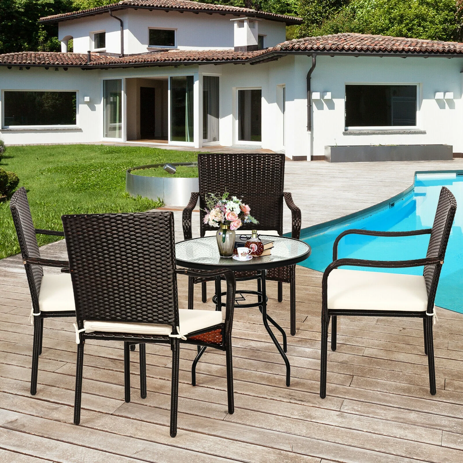 Set Of 4 Patio Rattan Stackable Dining Chairs, Light Brown - Image 7