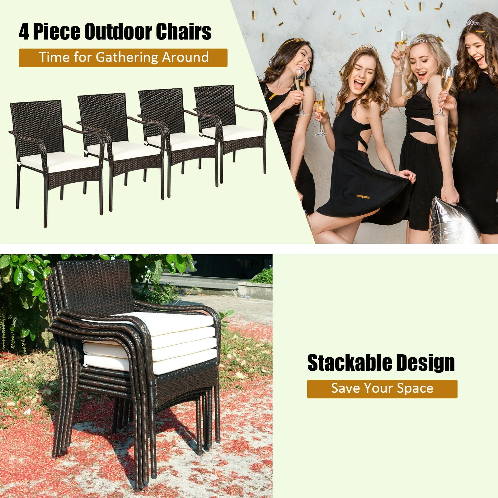 Set Of 4 Patio Rattan Stackable Dining Chairs, Light Brown - Image 9