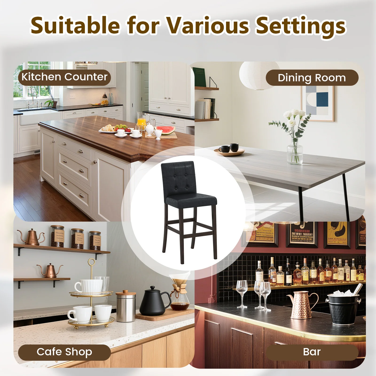 Set of 4 PVC Dining Leather Bar Stools with Solid Wood Legs-24 icnh - Image 10