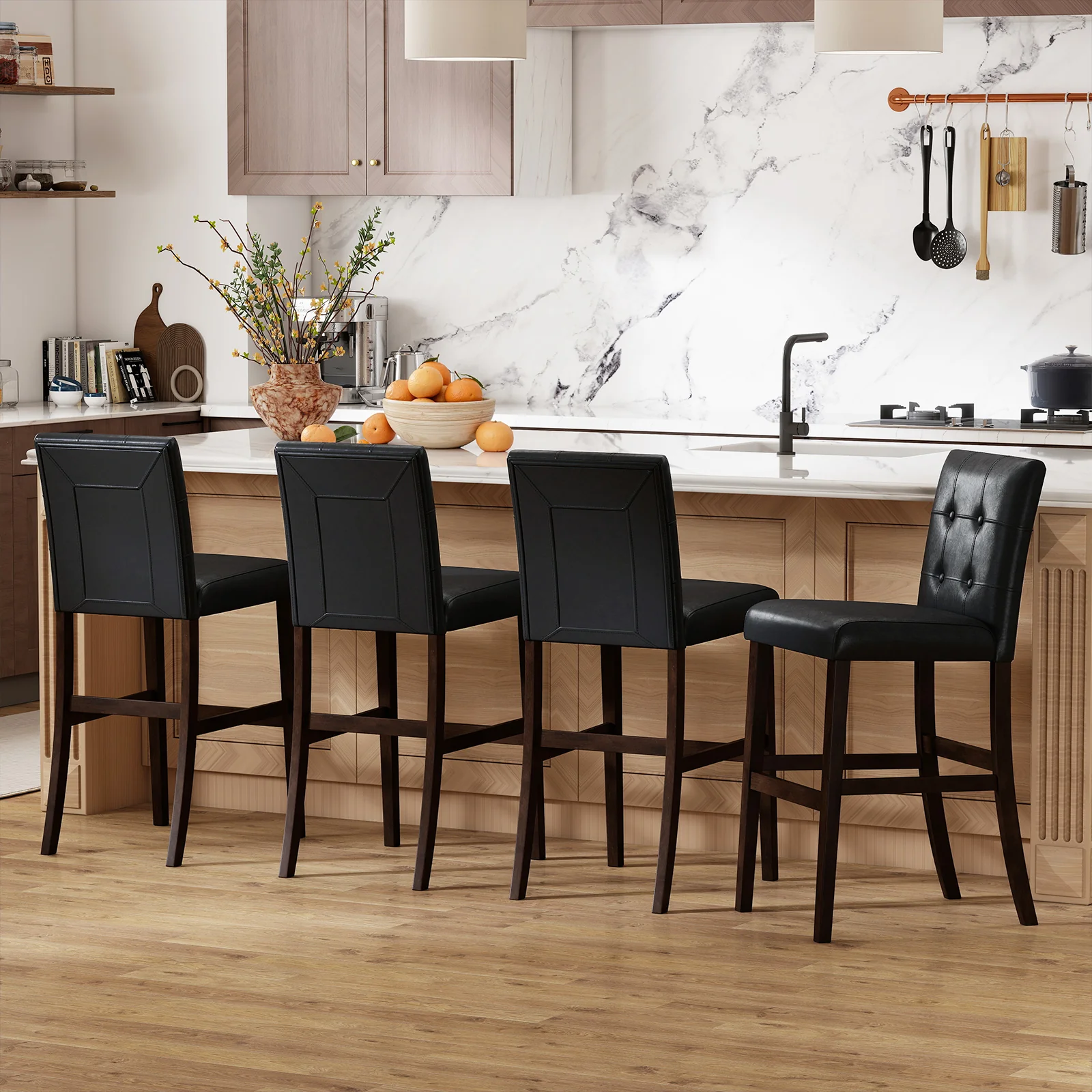 Set of 4 PVC Dining Leather Bar Stools with Solid Wood Legs-24 icnh - Image 3