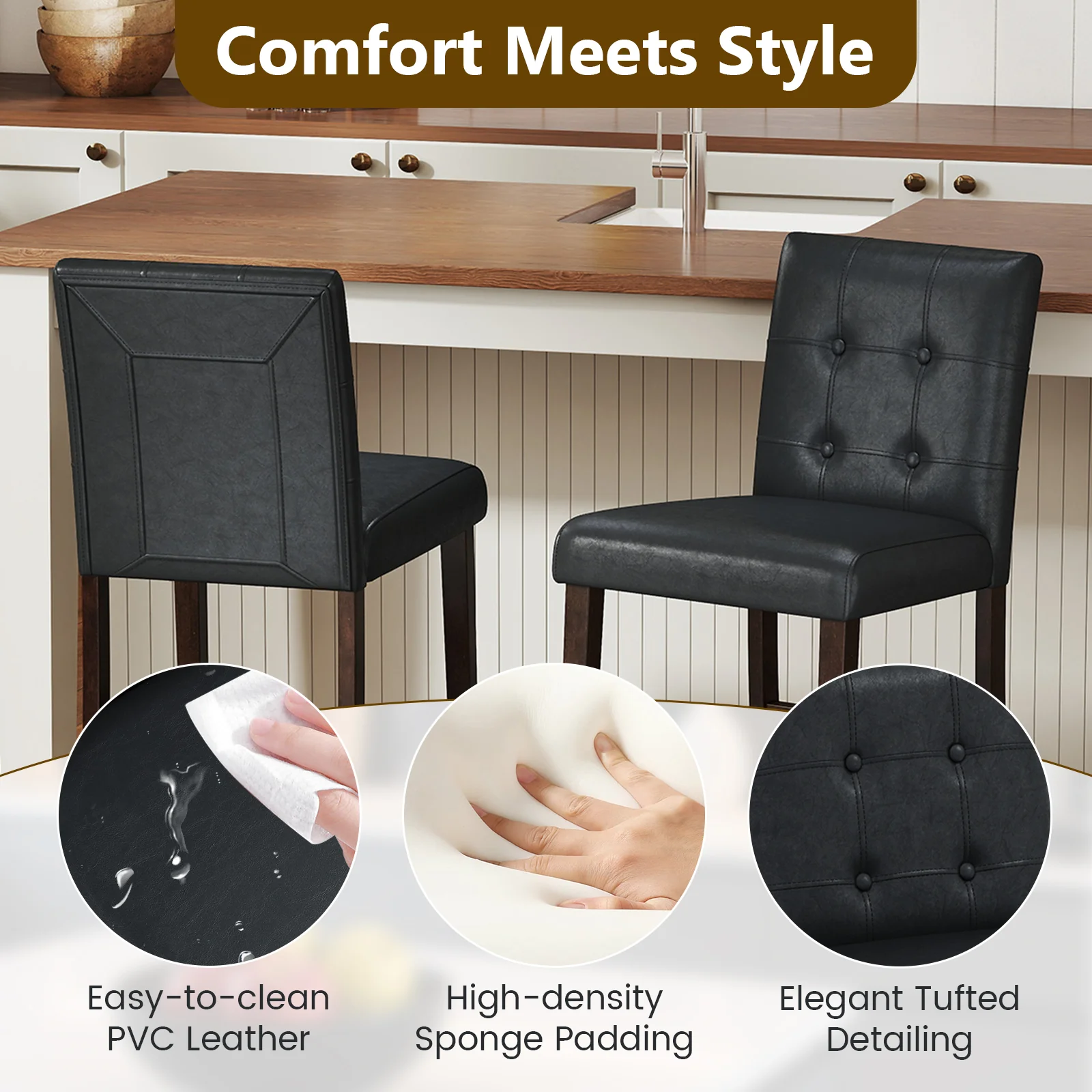 Set of 4 PVC Dining Leather Bar Stools with Solid Wood Legs-24 icnh - Image 7