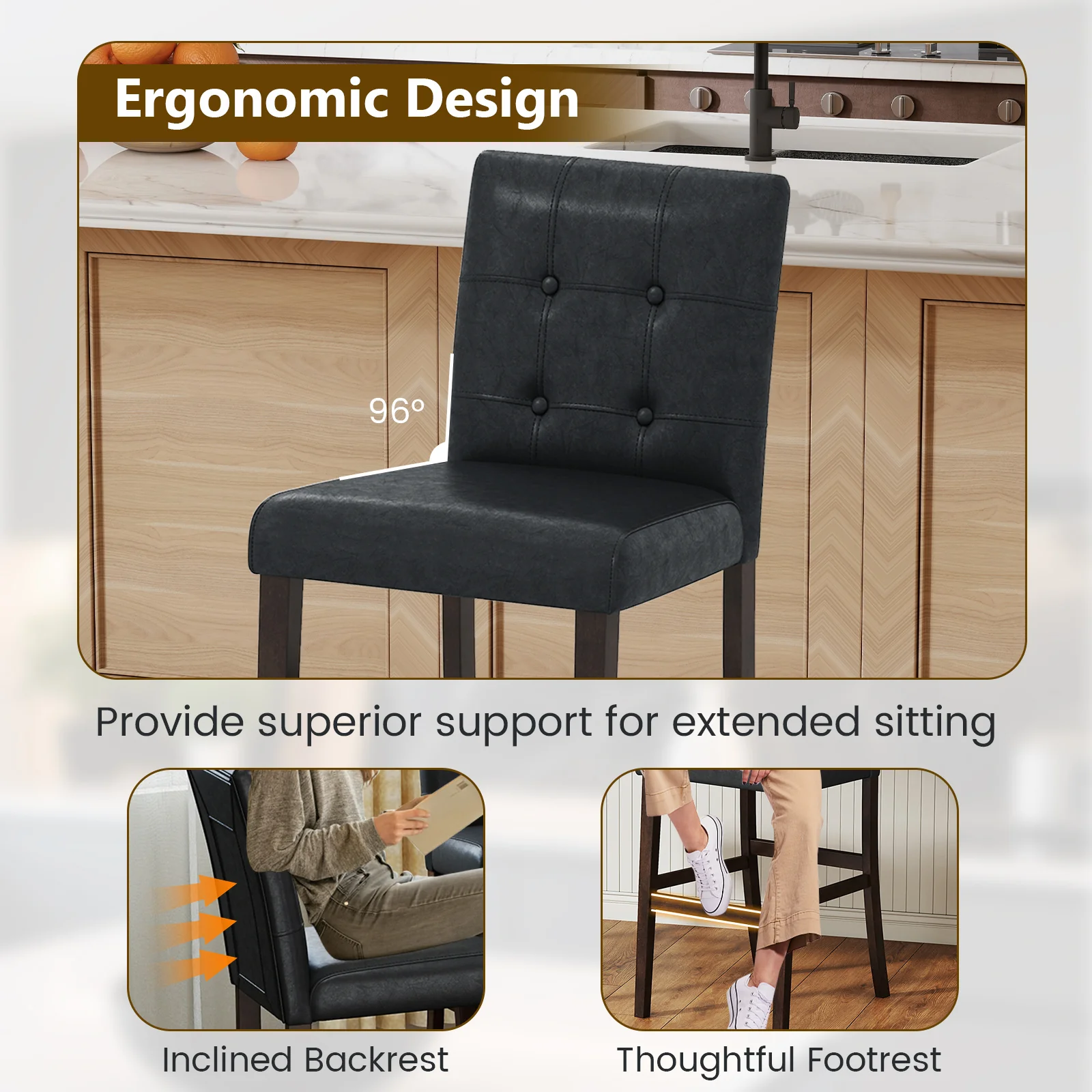 Set of 4 PVC Dining Leather Bar Stools with Solid Wood Legs-24 icnh - Image 8
