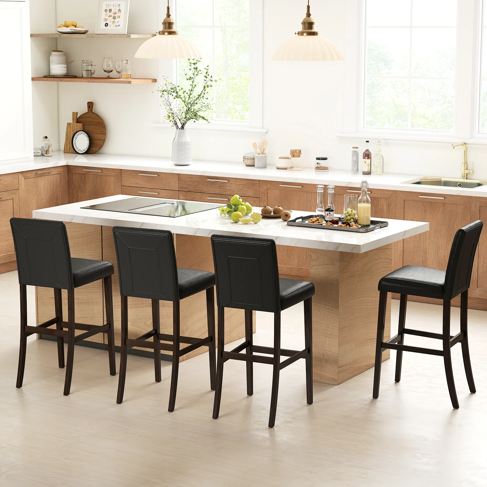 Set of 4 PVC Dining Leather Bar Stools with Solid Wood Legs-29 inch - Image 3
