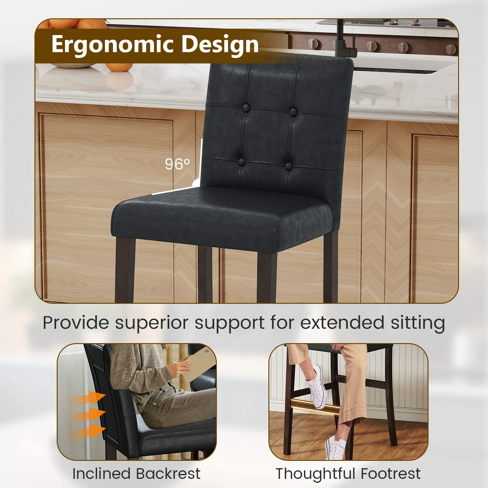 Set of 4 PVC Dining Leather Bar Stools with Solid Wood Legs-29 inch - Image 7