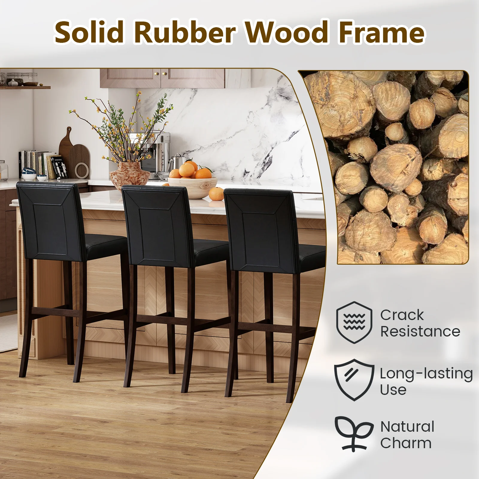 Set of 4 PVC Dining Leather Bar Stools with Solid Wood Legs-29 inch - Image 8