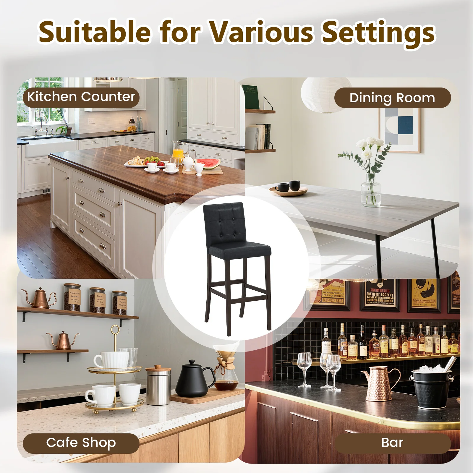 Set of 4 PVC Dining Leather Bar Stools with Solid Wood Legs-29 inch - Image 9