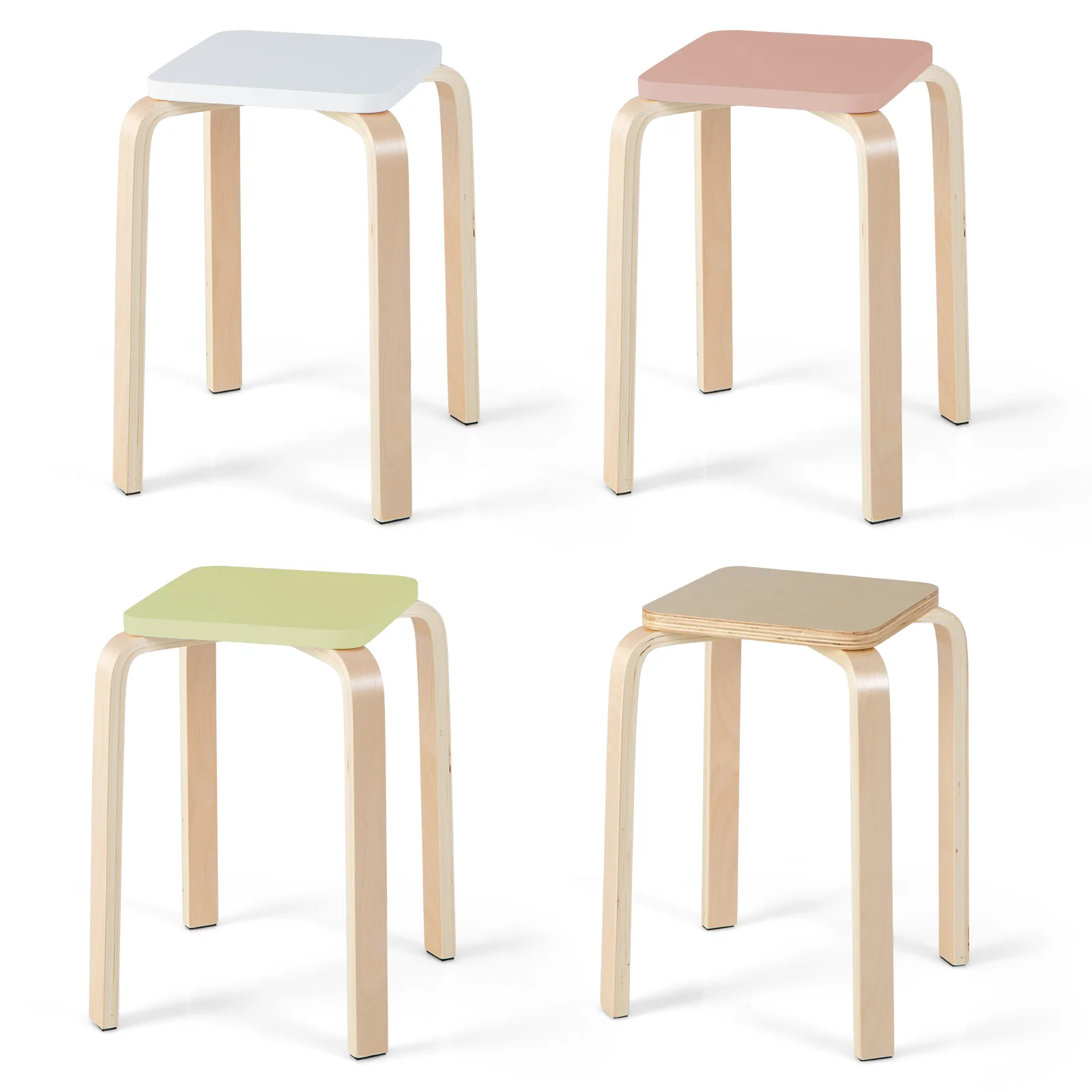 Set Of 4 Square Stools, With Anti-Slip Felt Mats, Multicolor