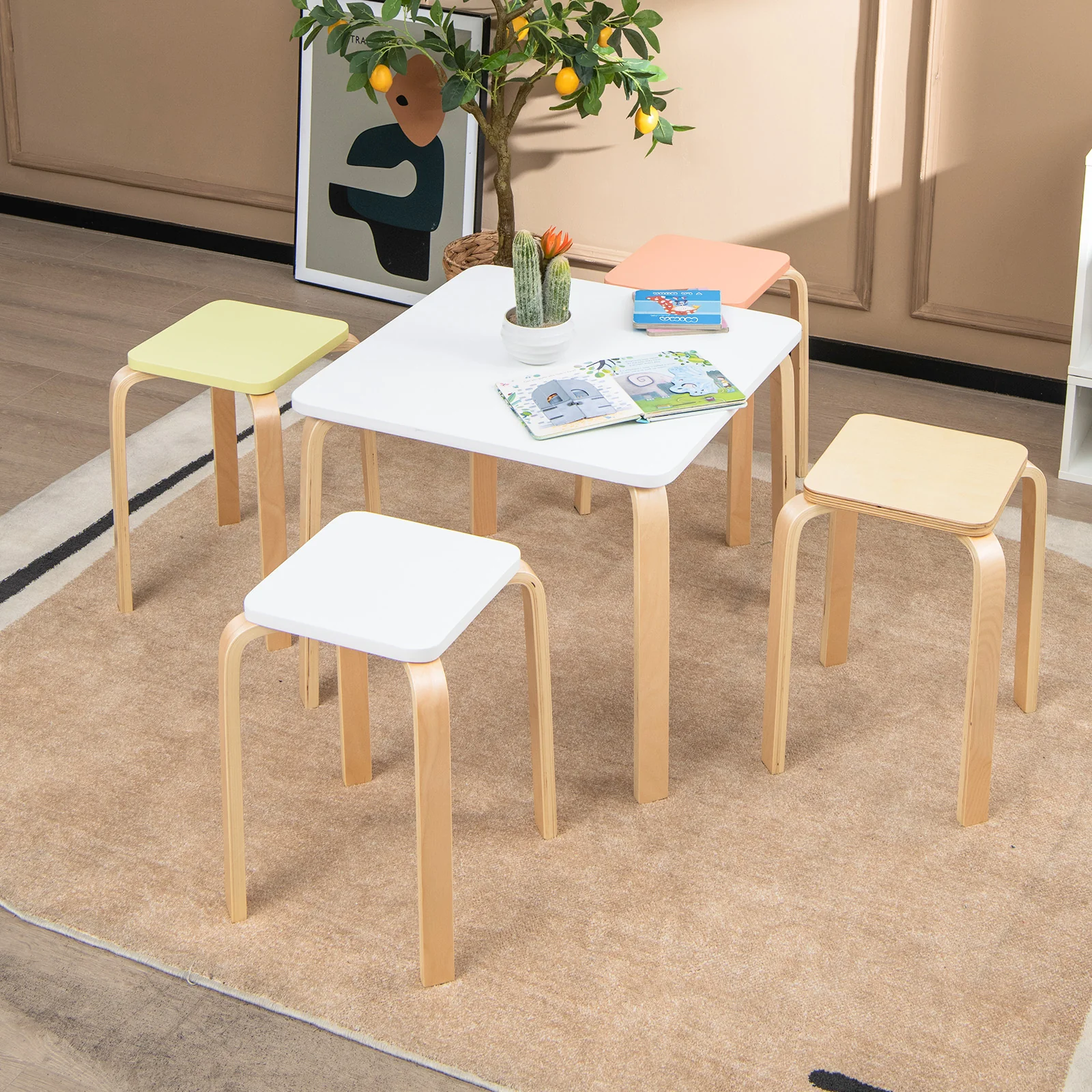 Set Of 4 Square Stools, With Anti-Slip Felt Mats, Multicolor - Image 3