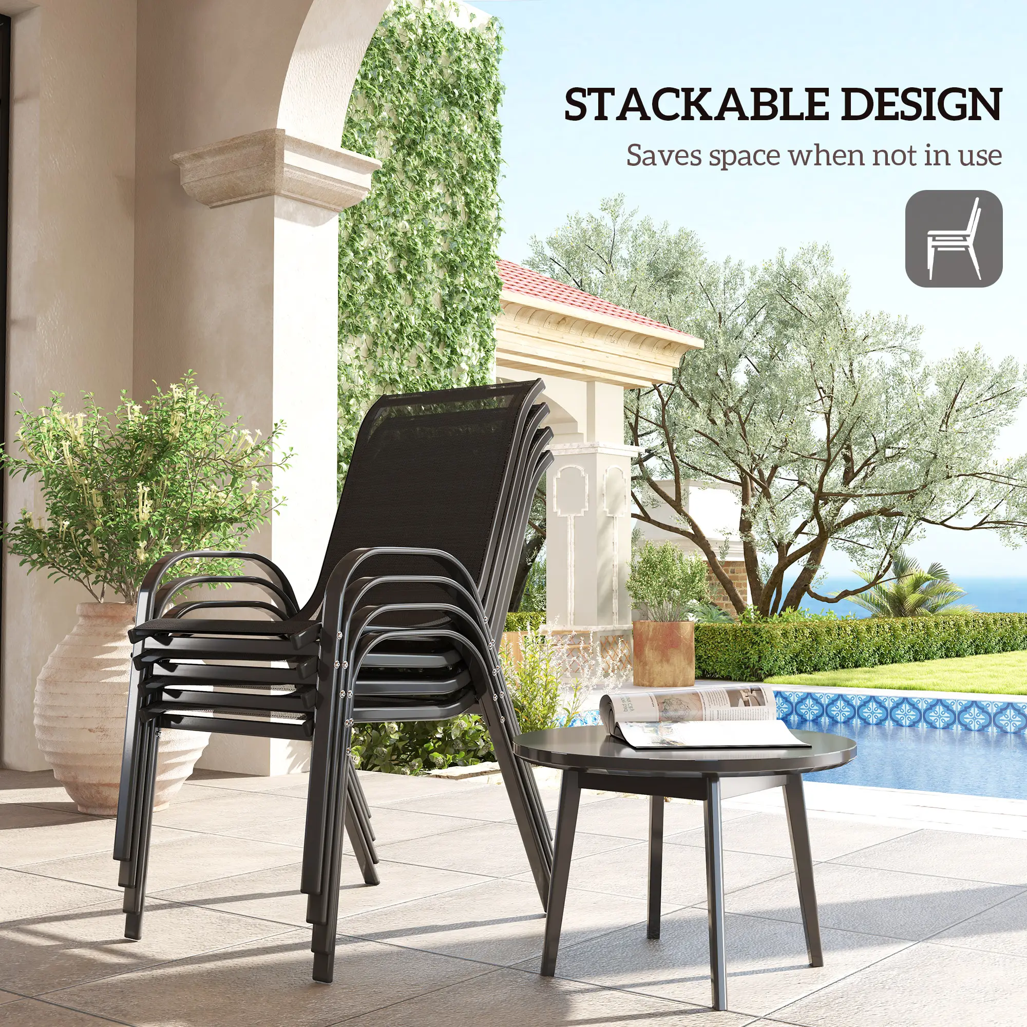 Set of 4 Stackable Outdoor Dining Chairs, High Back, Breathable Mesh Seat, Black - Image 4