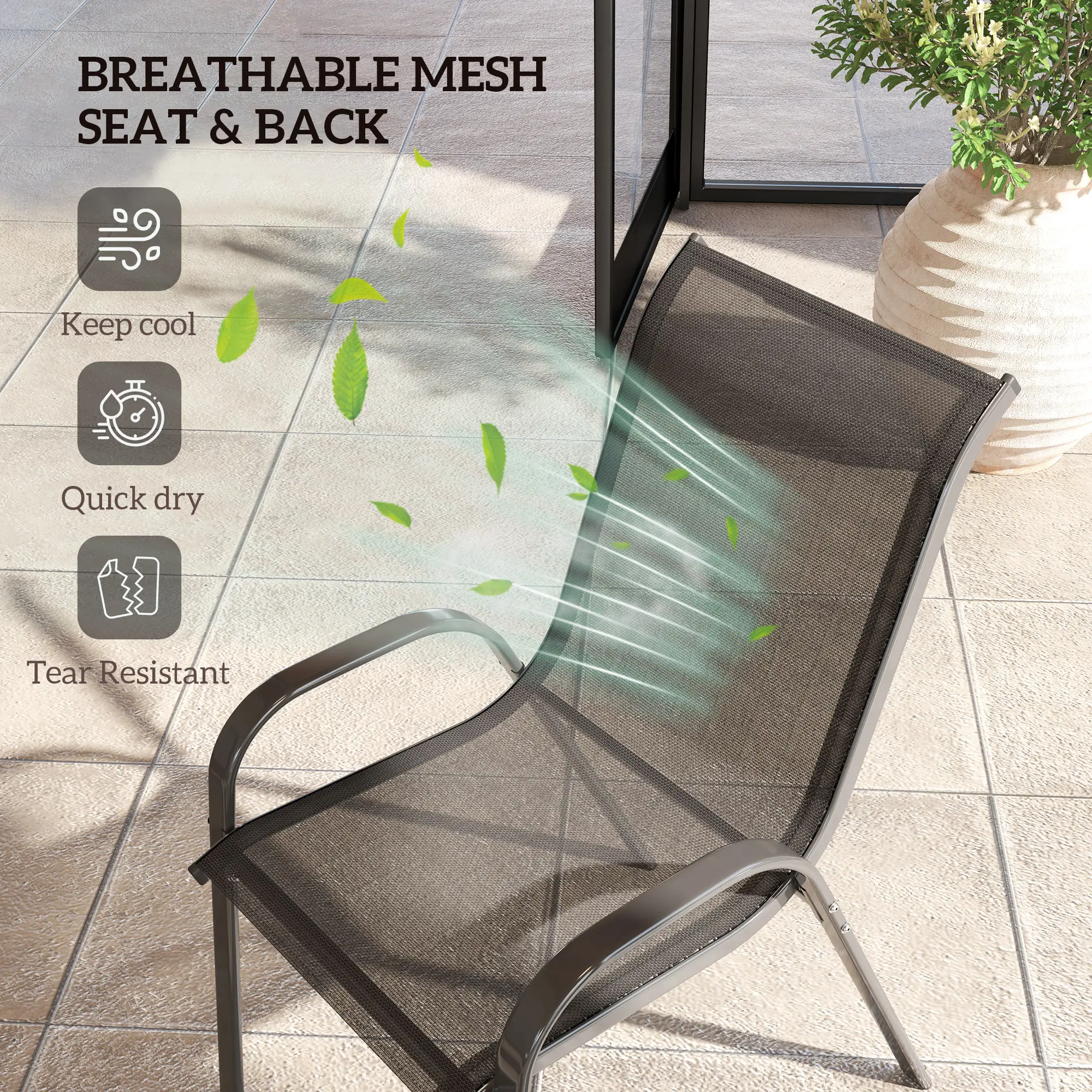 Set of 4 Stackable Outdoor Dining Chairs, High Back, Breathable Mesh Seat, Black - Image 5