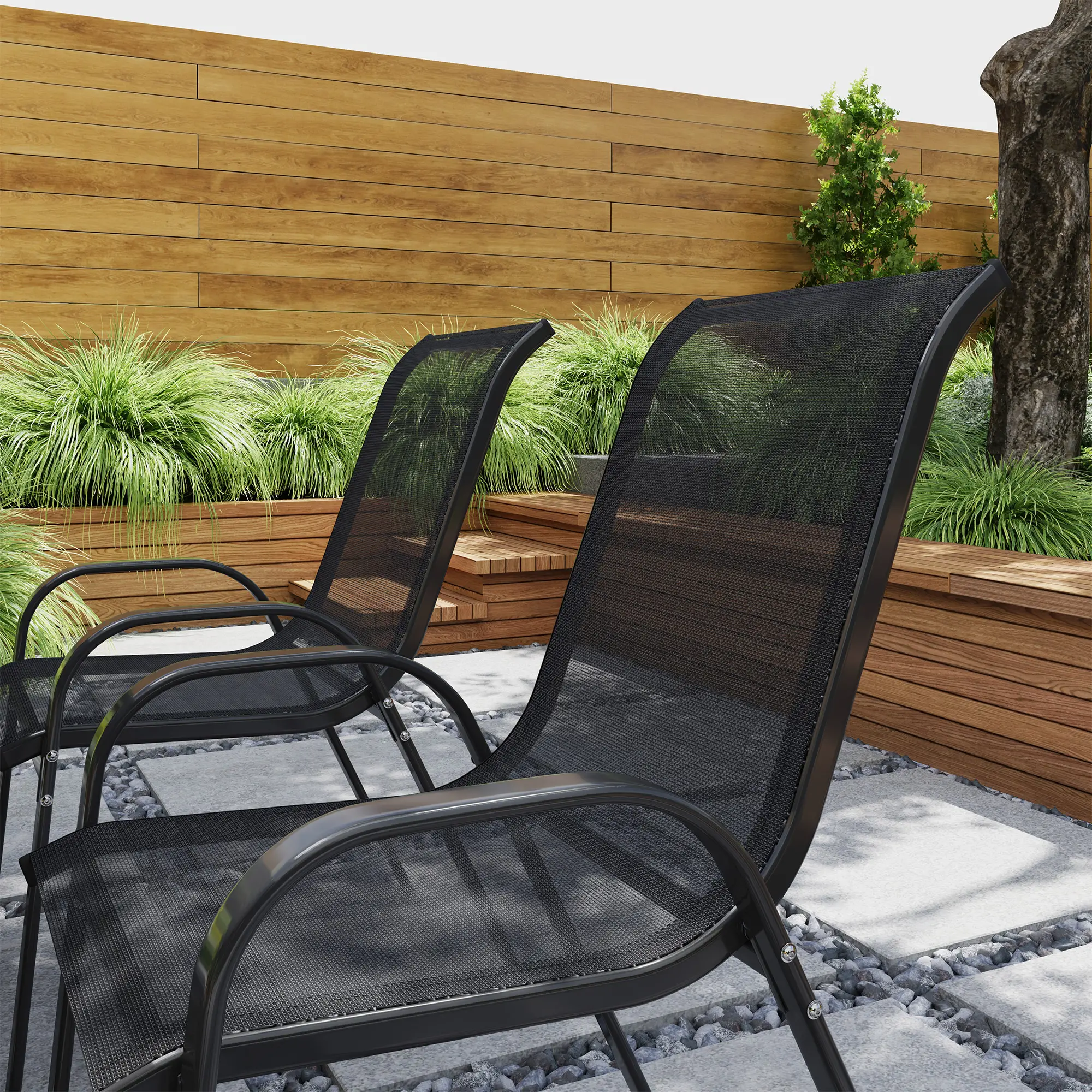 Set of 4 Stackable Outdoor Dining Chairs, High Back, Breathable Mesh Seat, Black - Image 7