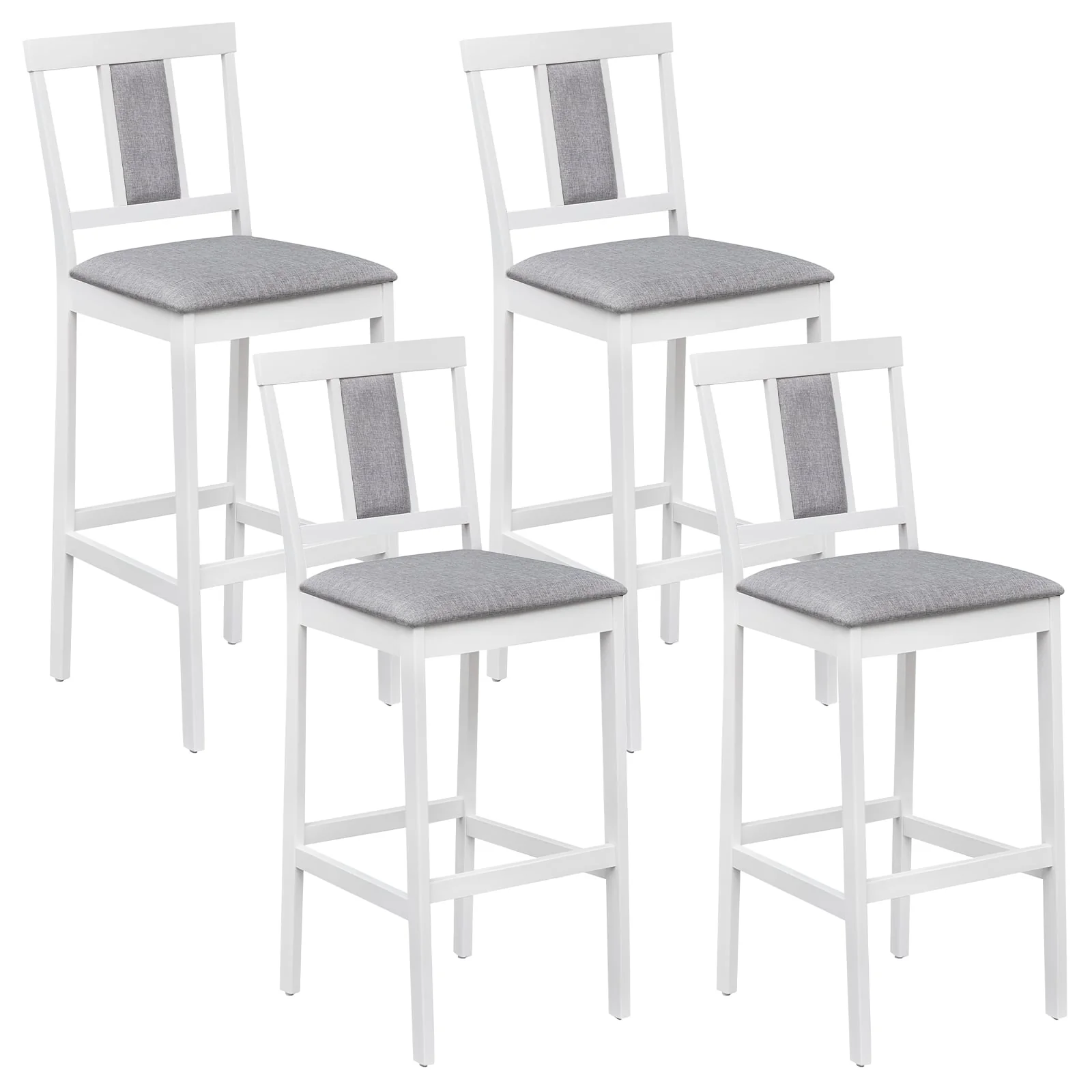 Set of 4 Upholstered Barstools, 29.5 Inch Bar Height, Solid Rubber Wood Frame, White