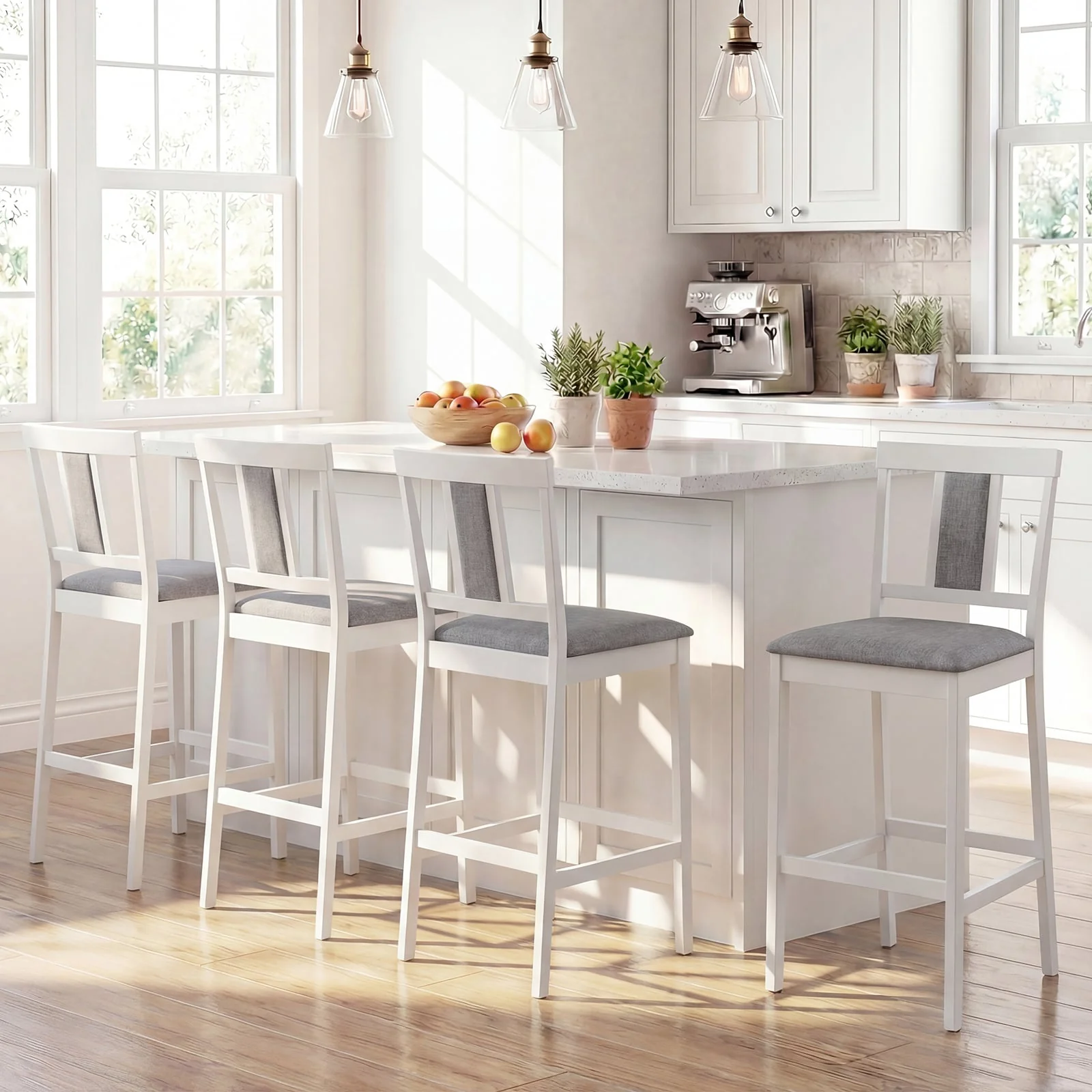 Set of 4 Upholstered Barstools, 29.5 Inch Bar Height, Solid Rubber Wood Frame, White - Image 2