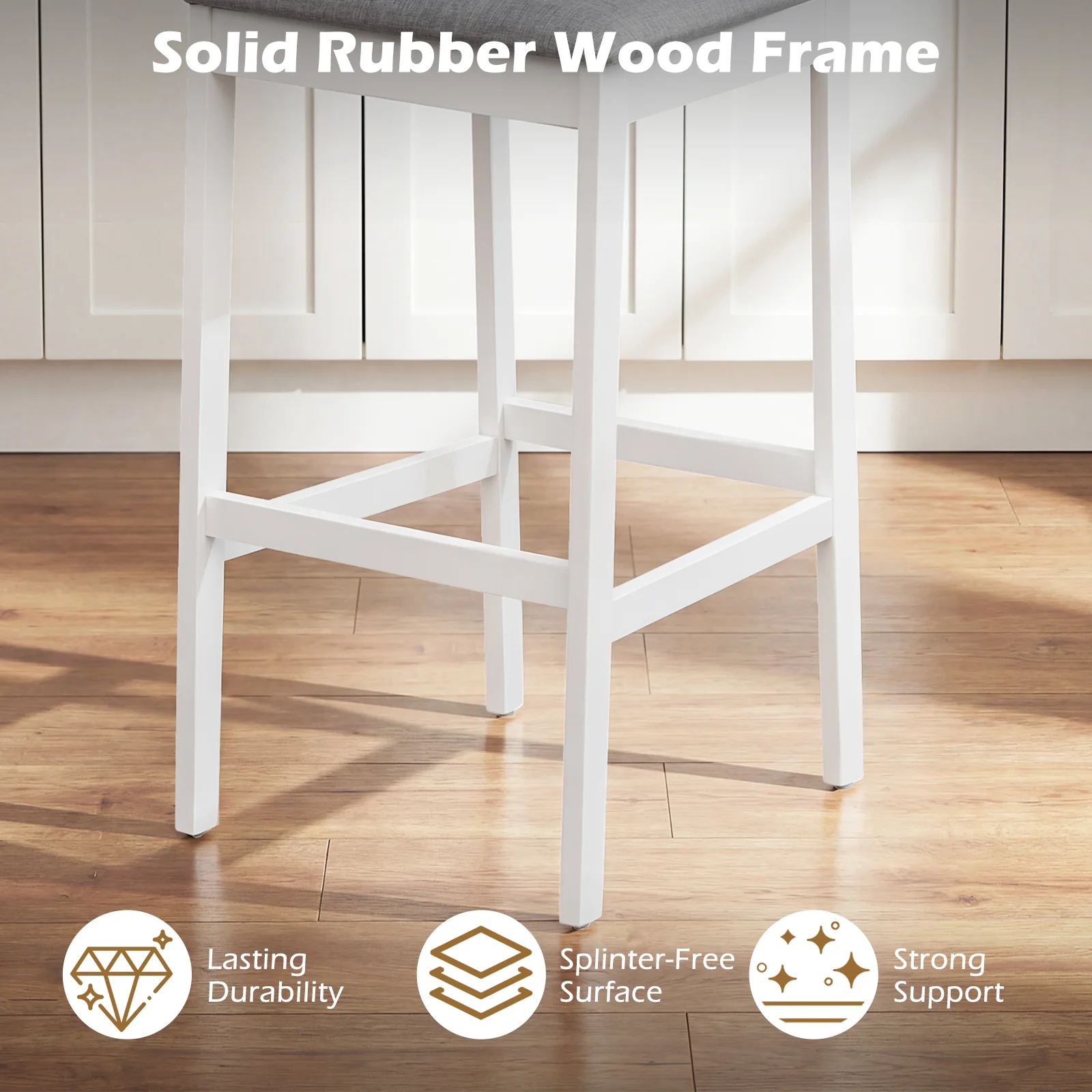 Set of 4 Upholstered Barstools, 29.5 Inch Bar Height, Solid Rubber Wood Frame, White - Image 6