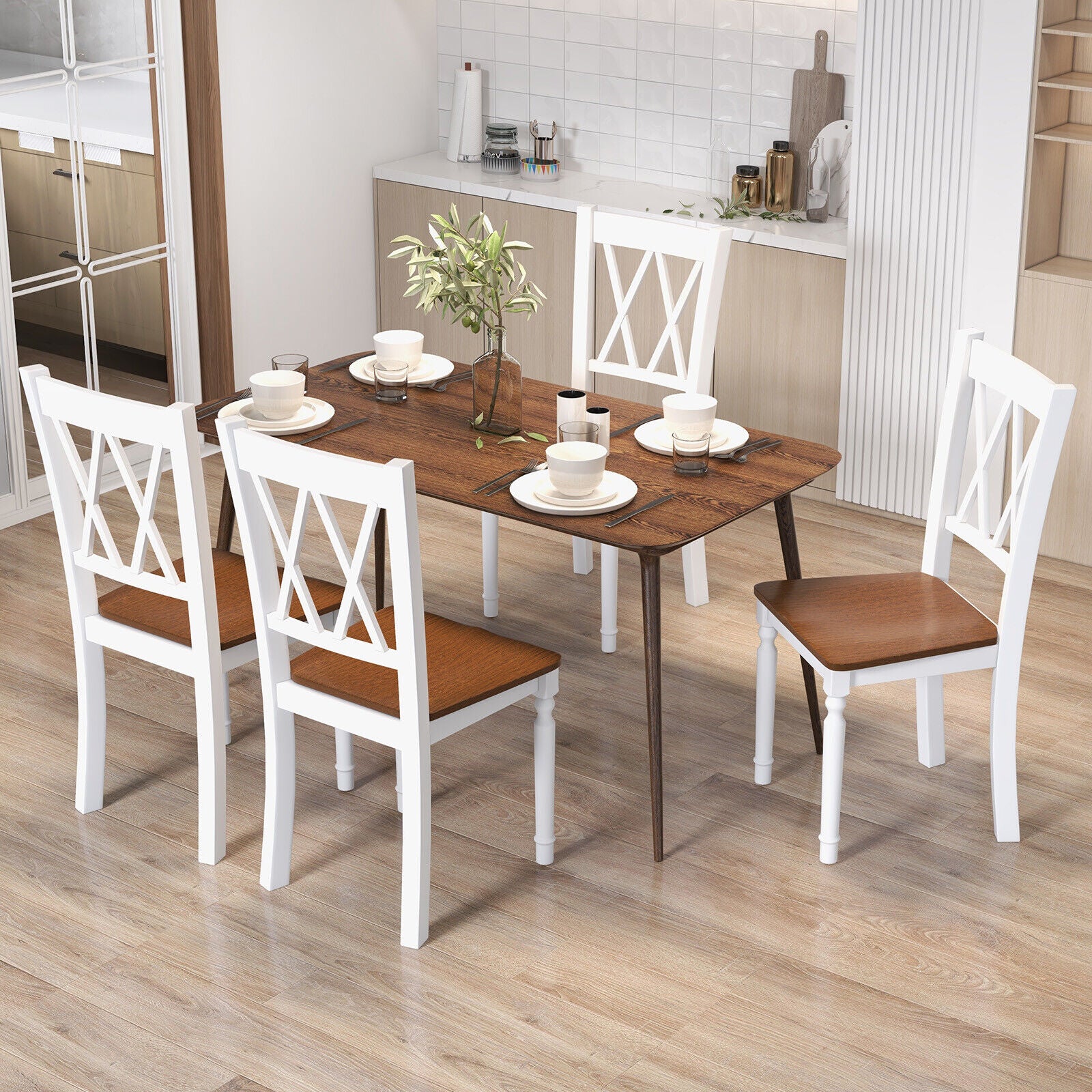 Set Of 4 Wooden Farmhouse Kitchen Chairs, Walnut - Image 3