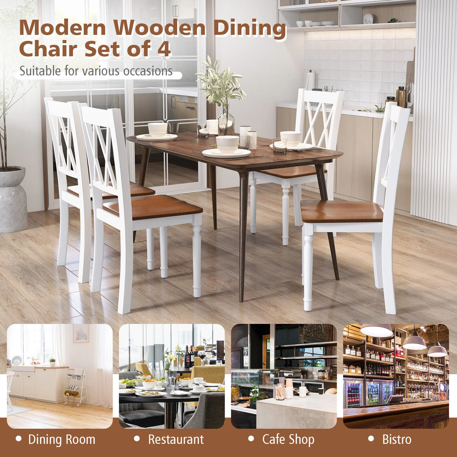 Set Of 4 Wooden Farmhouse Kitchen Chairs, Walnut - Image 9