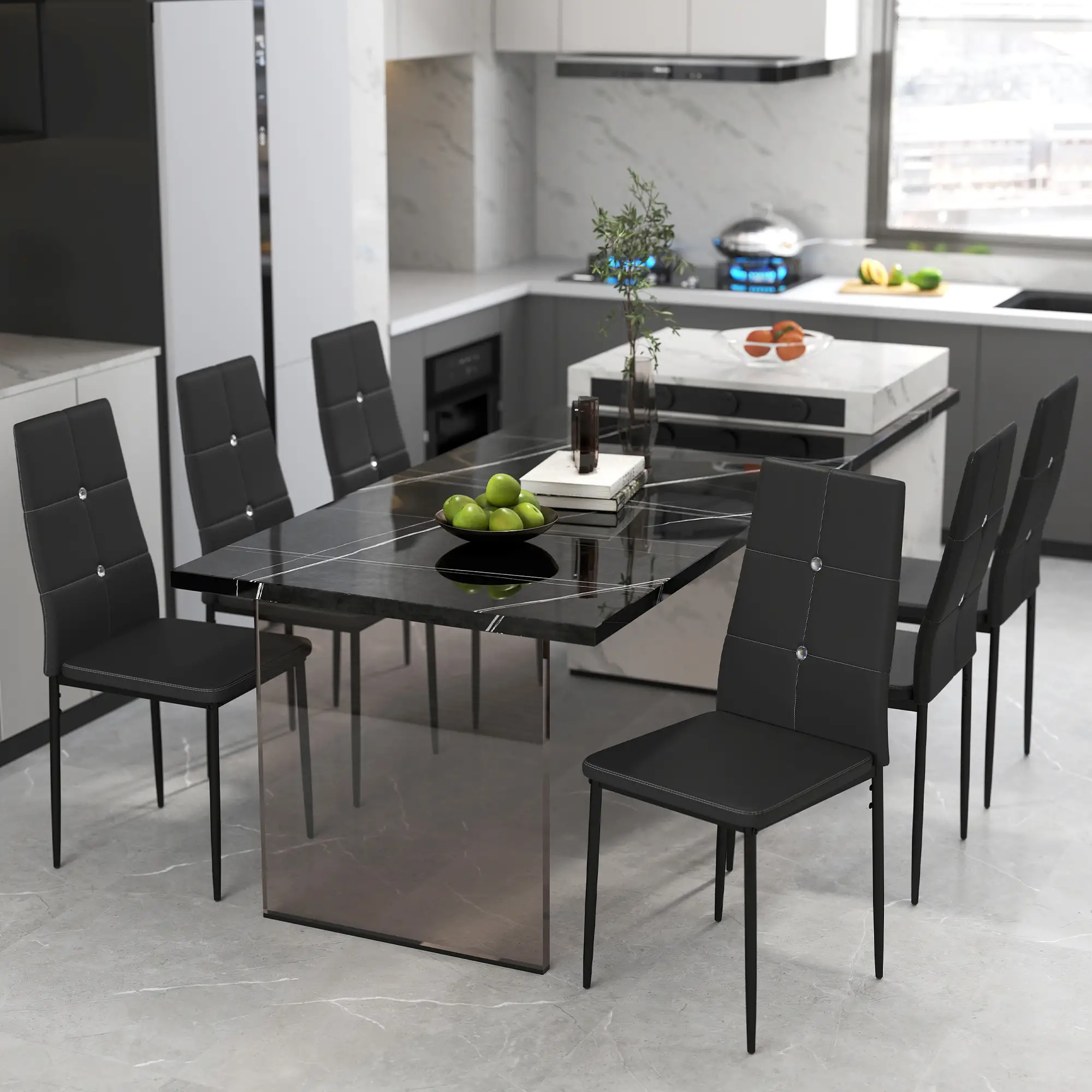 Set of 6 Button Tufted Side Chairs, Upholstered Seat, Steel Legs, Black - Image 2