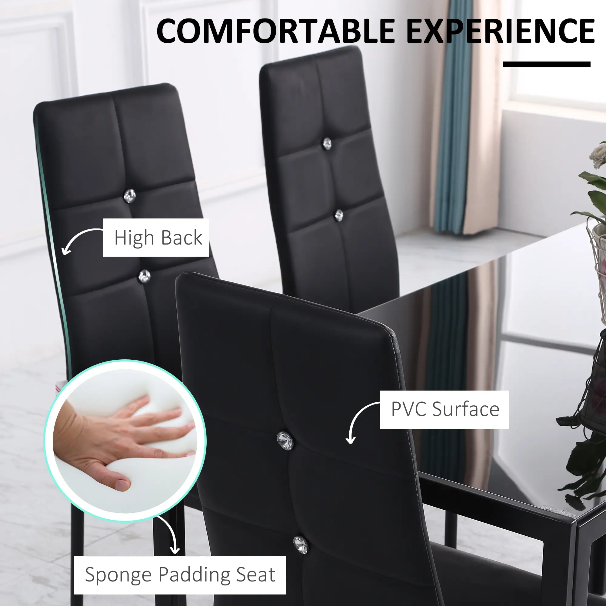 Set of 6 Button Tufted Side Chairs, Upholstered Seat, Steel Legs, Black - Image 5