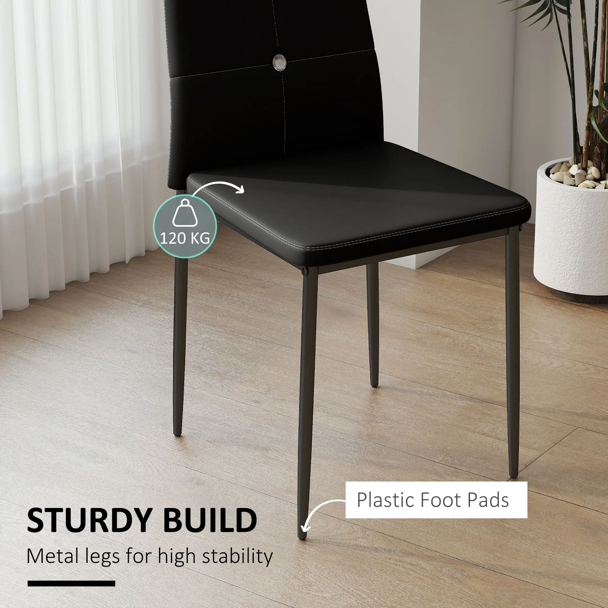 Set of 6 Button Tufted Side Chairs, Upholstered Seat, Steel Legs, Black - Image 6