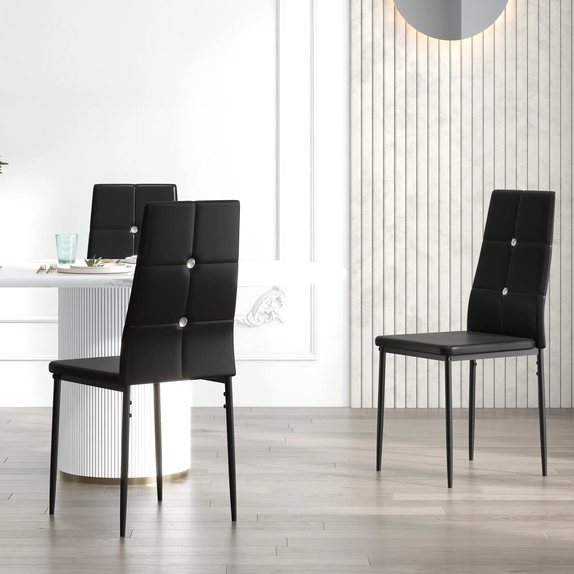 Set of 6 Button Tufted Side Chairs, Upholstered Seat, Steel Legs, Black - Image 7