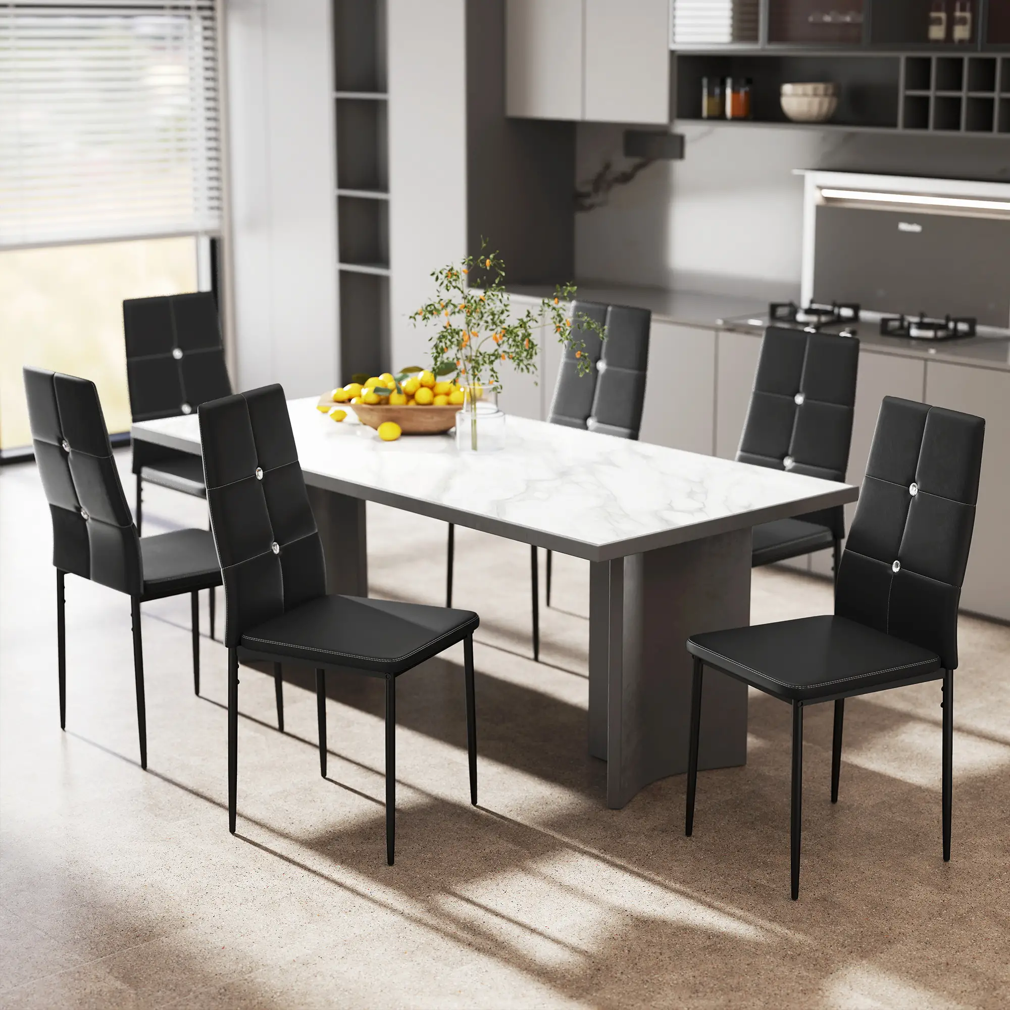 Set of 6 Button Tufted Side Chairs, Upholstered Seat, Steel Legs, Black - Image 8
