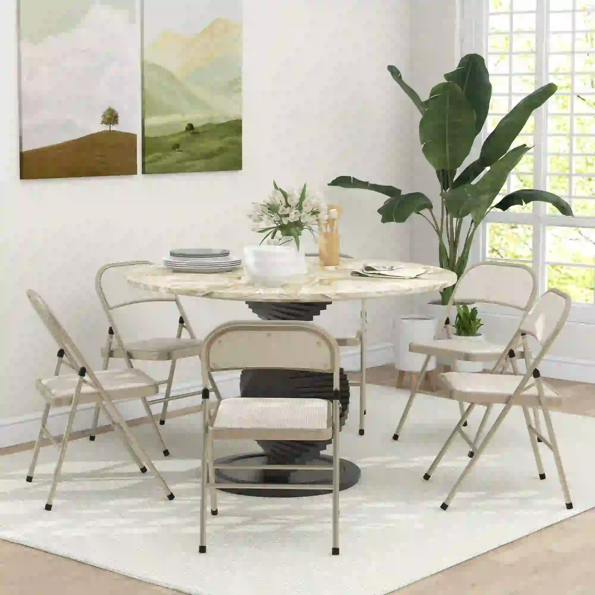 Set of 6 Metal Foldable Chairs, Linen Padded, Beige - Image 2
